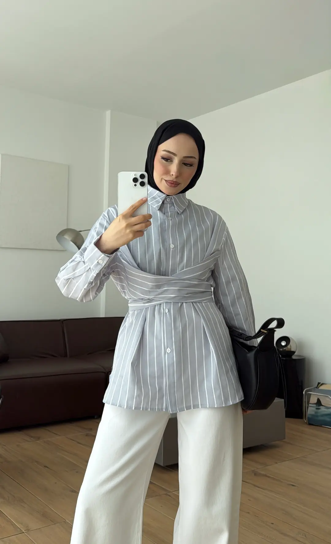 Çapraz Baglamalı Çizgili Gömlek Gri