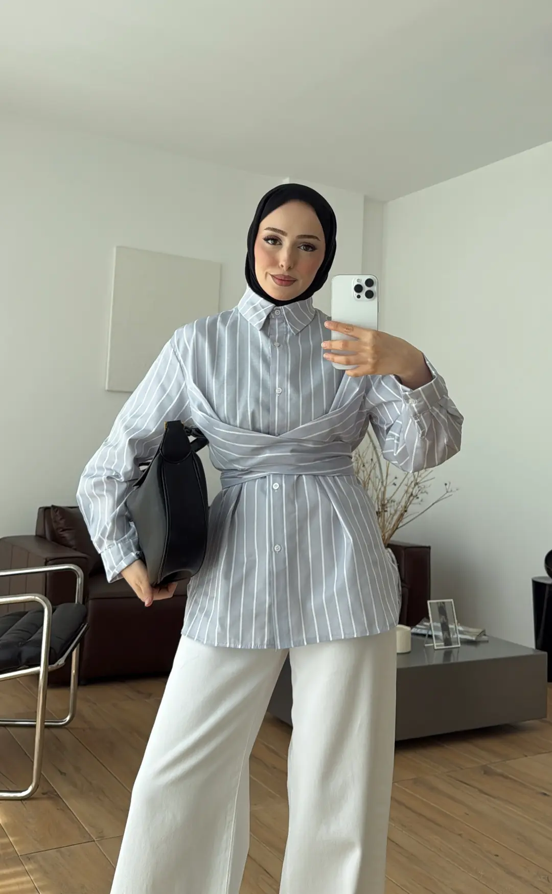 Çapraz Baglamalı Çizgili Gömlek Gri