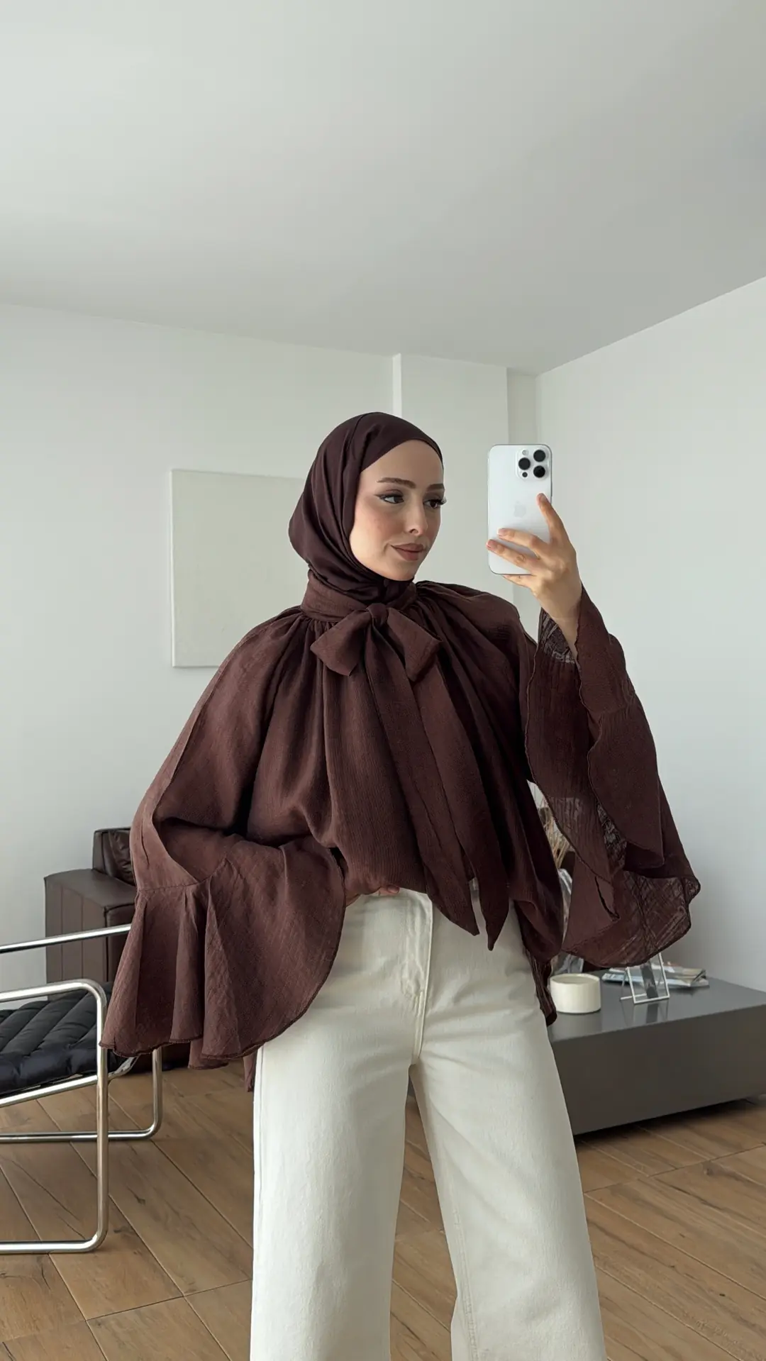 Kolları Volanlı Gömlek Kızıl Kahve