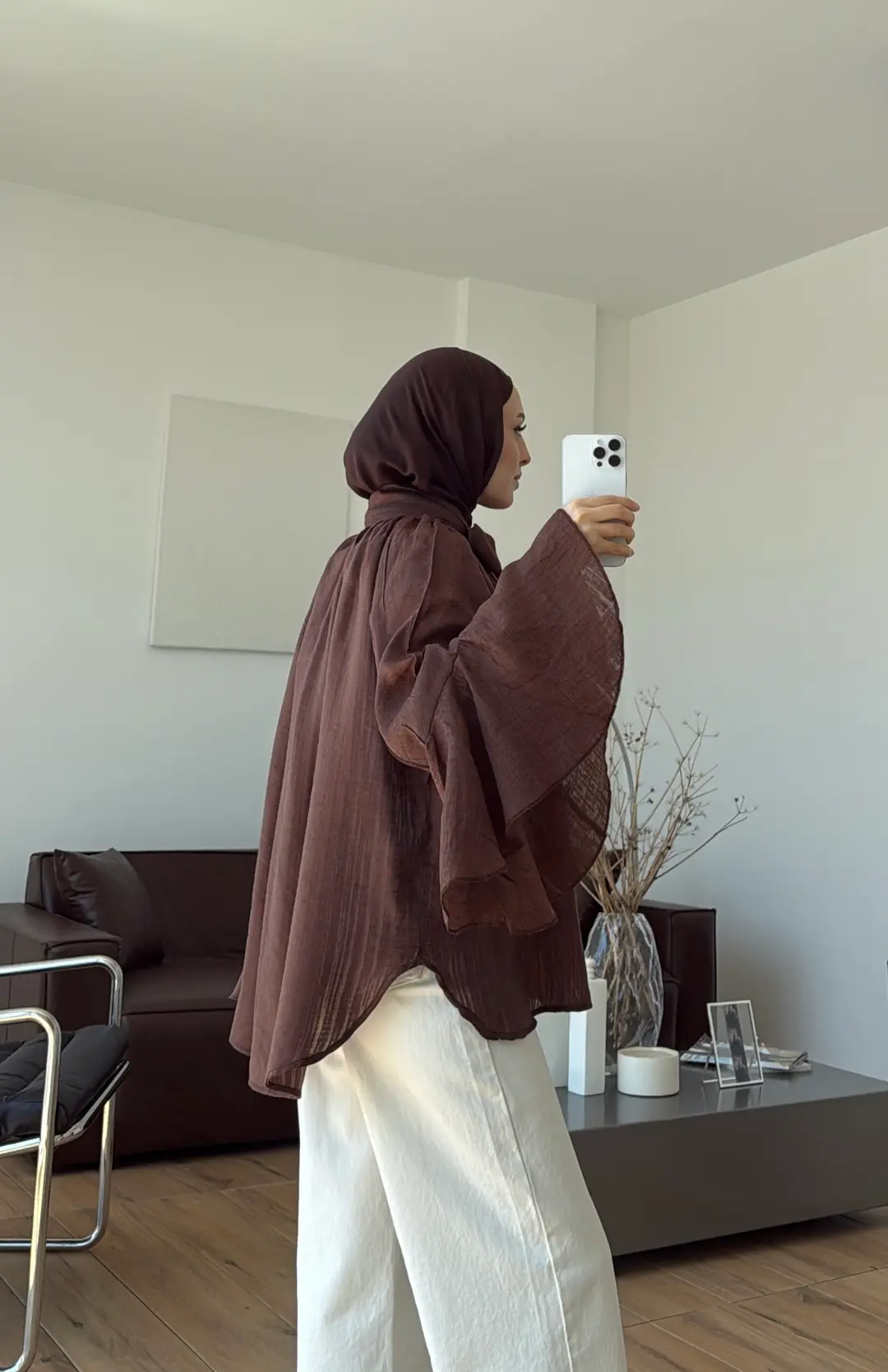 Kolları Volanlı Gömlek Kızıl Kahve