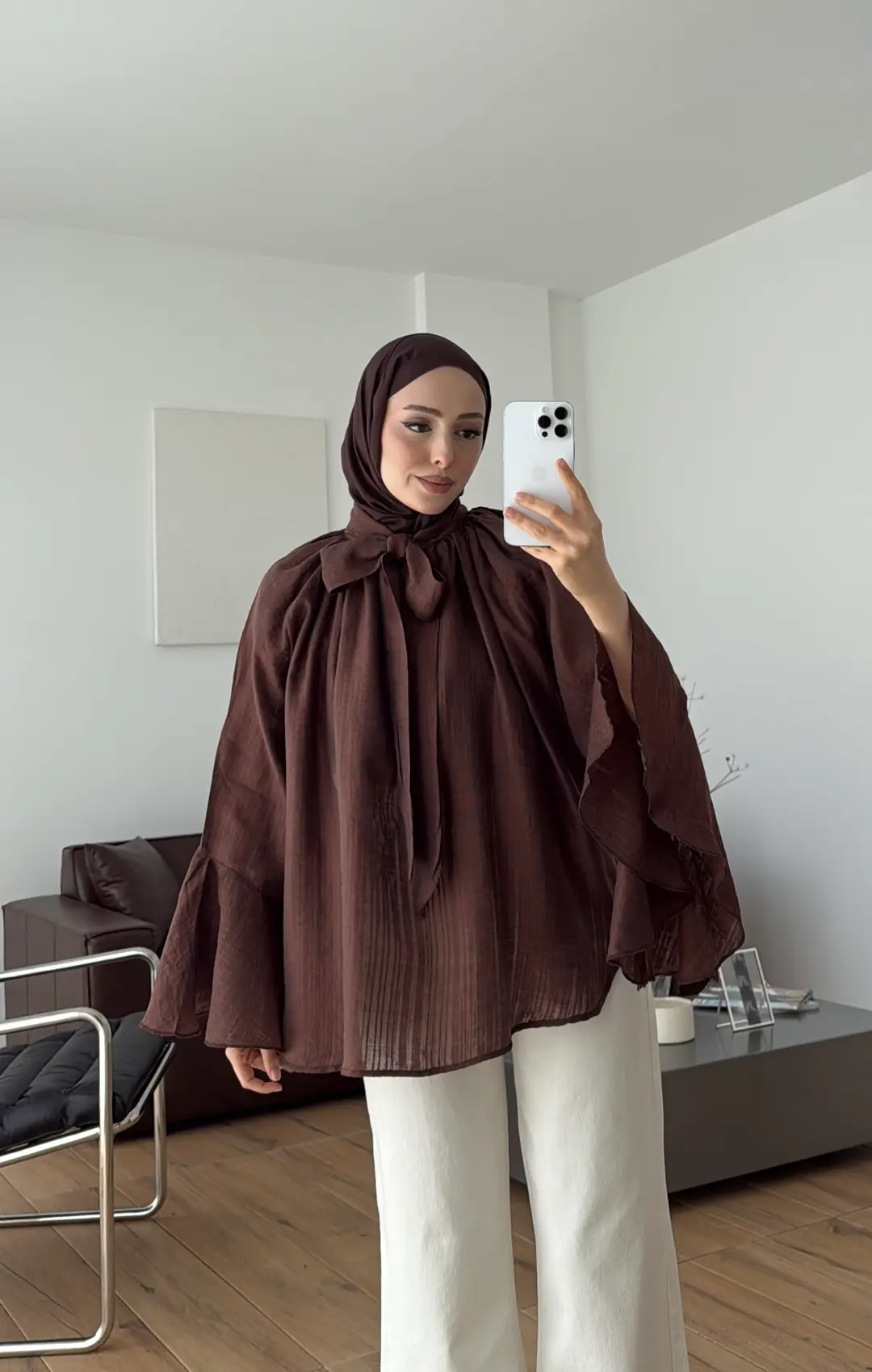 Kolları Volanlı Gömlek Kızıl Kahve