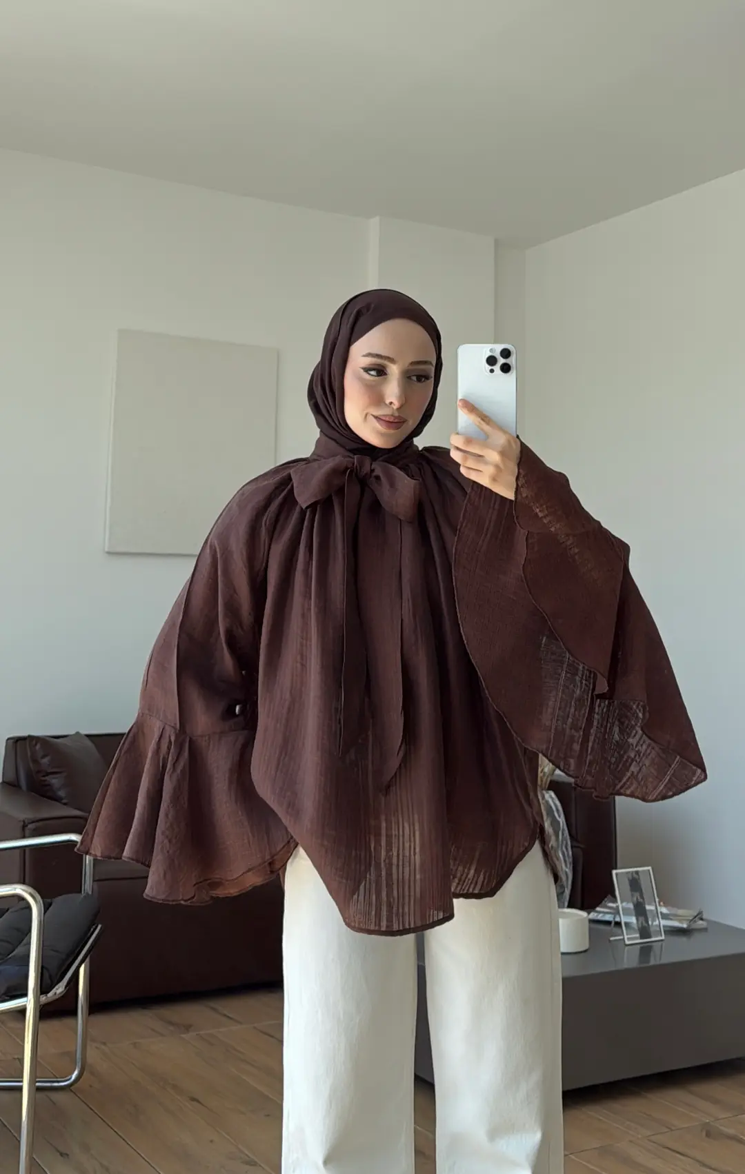 Kolları Volanlı Gömlek Kızıl Kahve