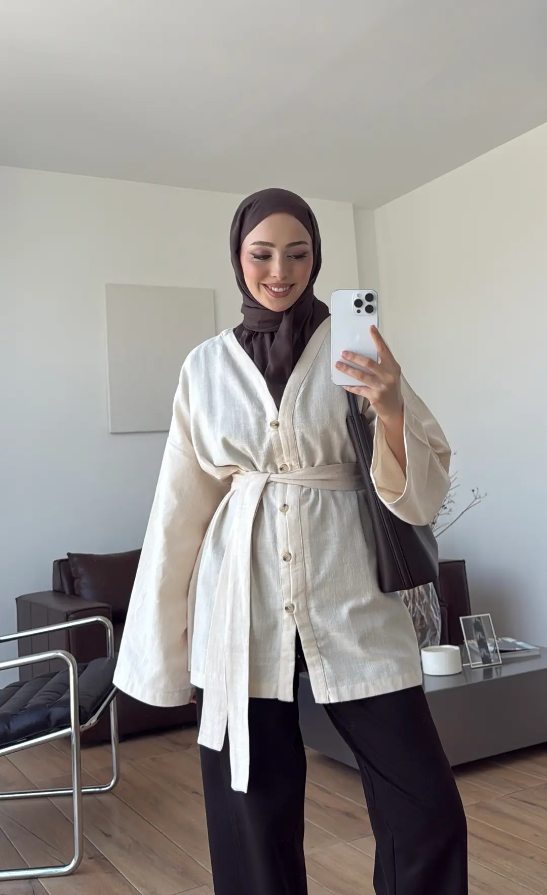 Linen Kuşaklı Kimono Ekru