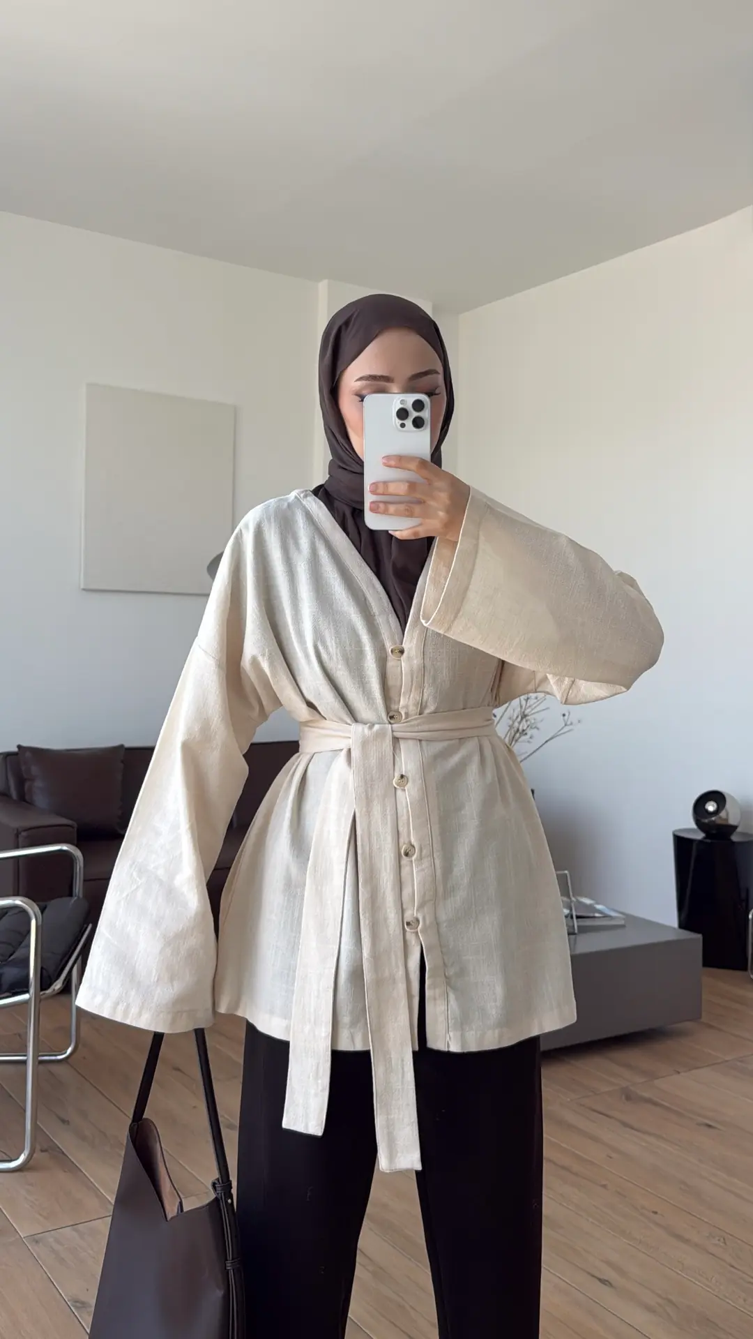 Linen Kuşaklı Kimono Ekru
