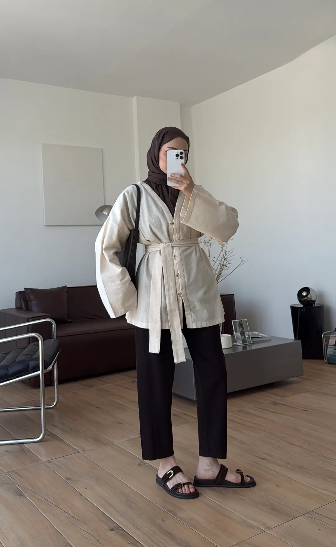 Linen Kuşaklı Kimono Ekru