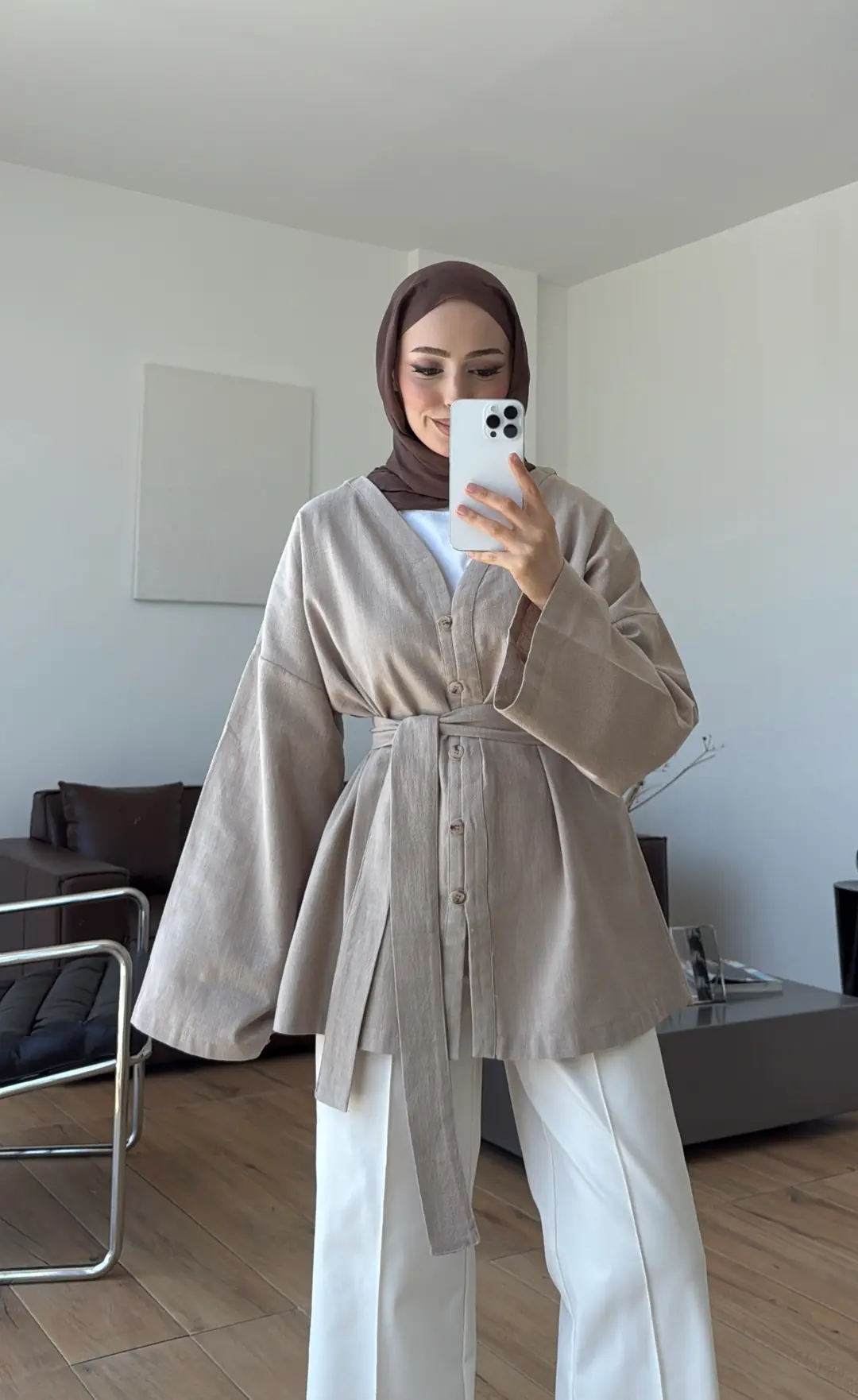 Linen Kuşaklı Kimono Bej