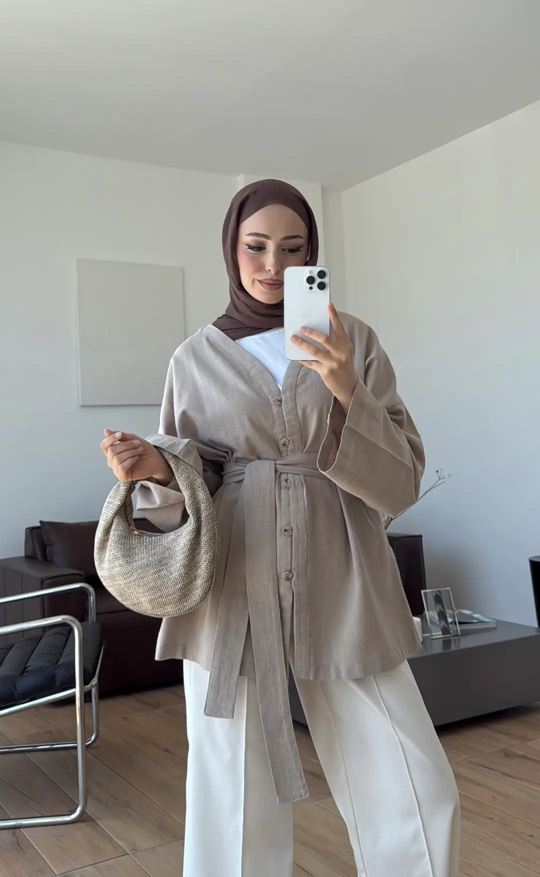 Linen Kuşaklı Kimono Bej