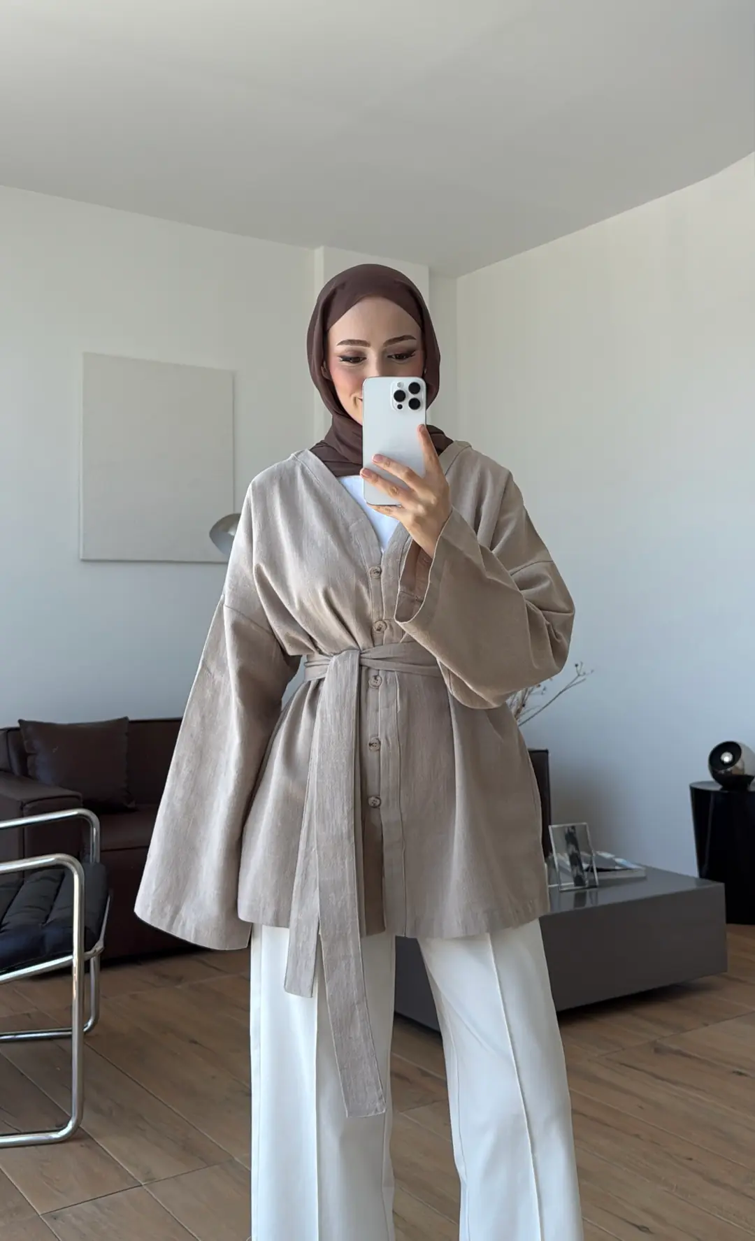 Linen Kuşaklı Kimono Bej