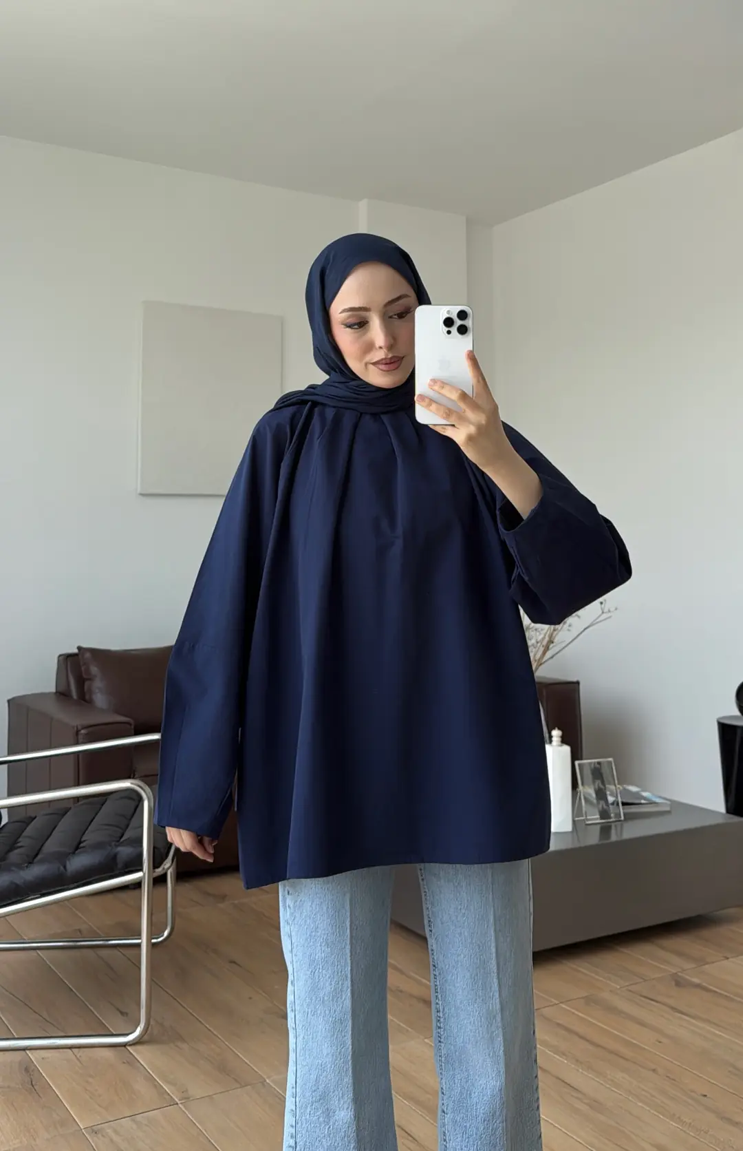 Yakası Pile Detay Gömlek Lacivert