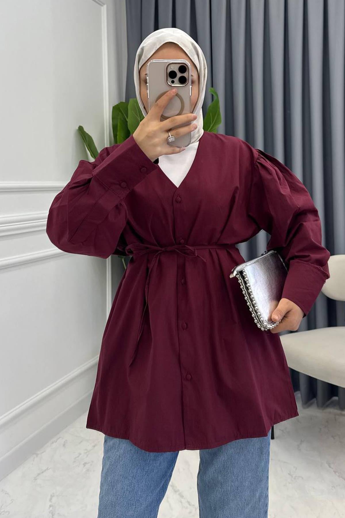 V YAKA BALON KOL GÖMLEK BORDO