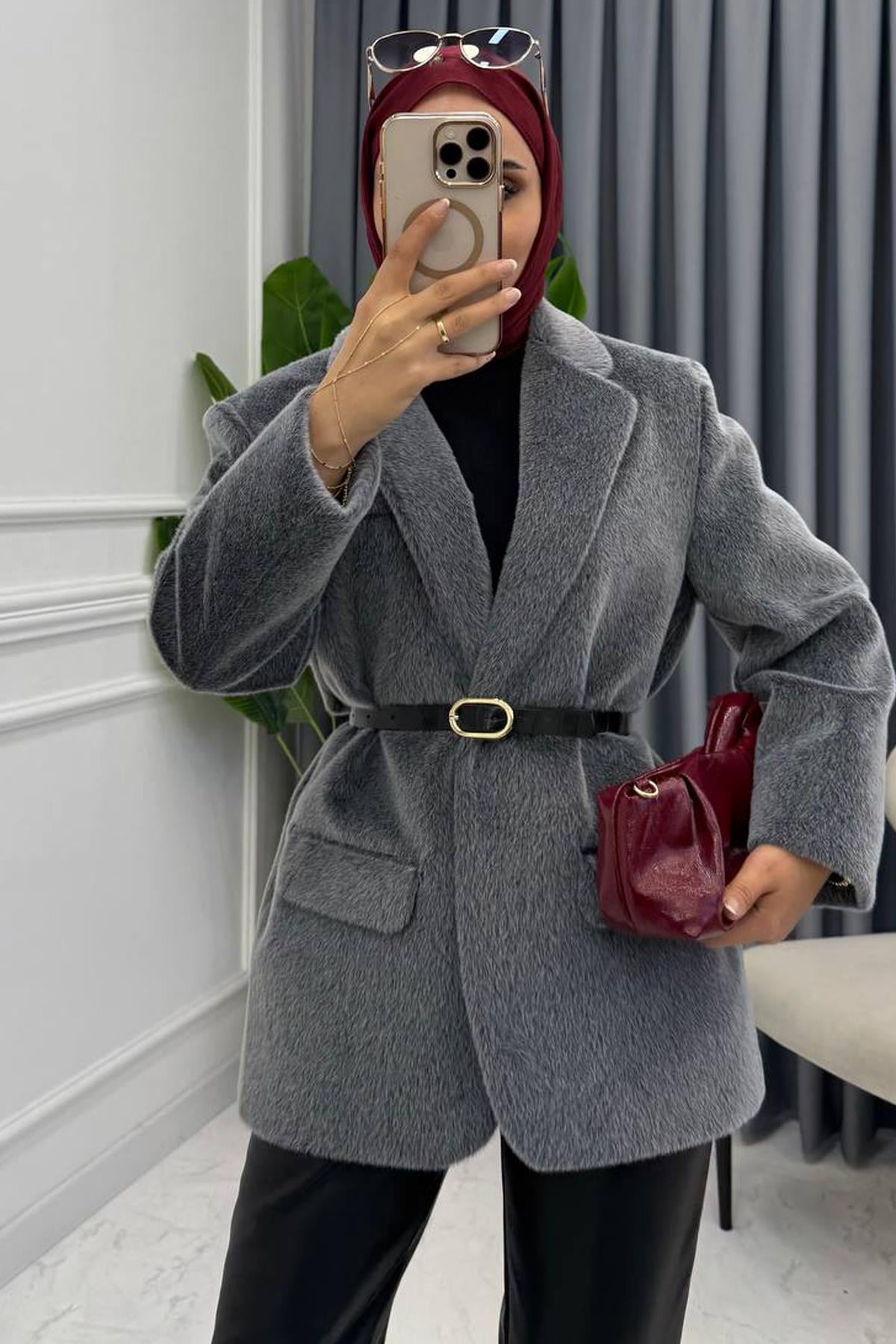 ALPAKA KEMERLİ CEKET GRİ