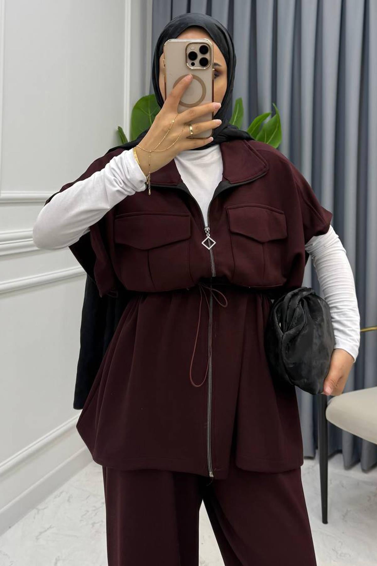 BELİ LASTİKLİ YELEK TAKIM BORDO