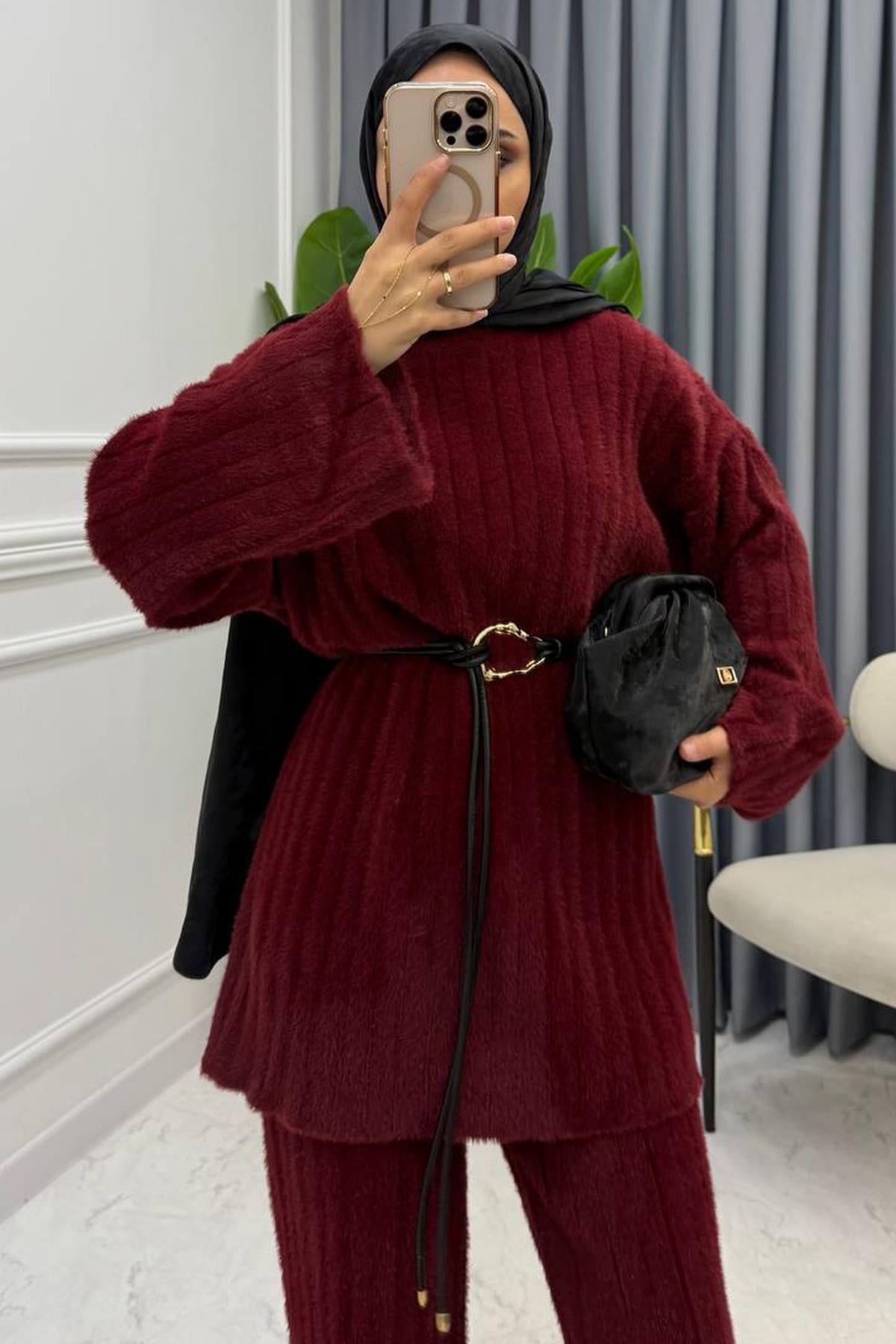 PREMİUM PELUŞ İKİLİ TAKIM BORDO