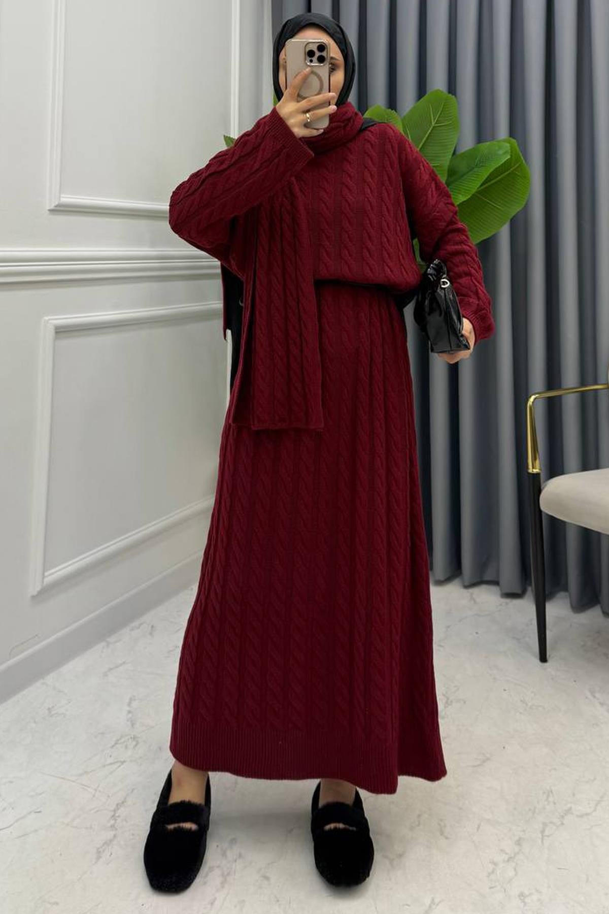 ATKI DETAY ÖRME TRİKO ELBİSE BORDO