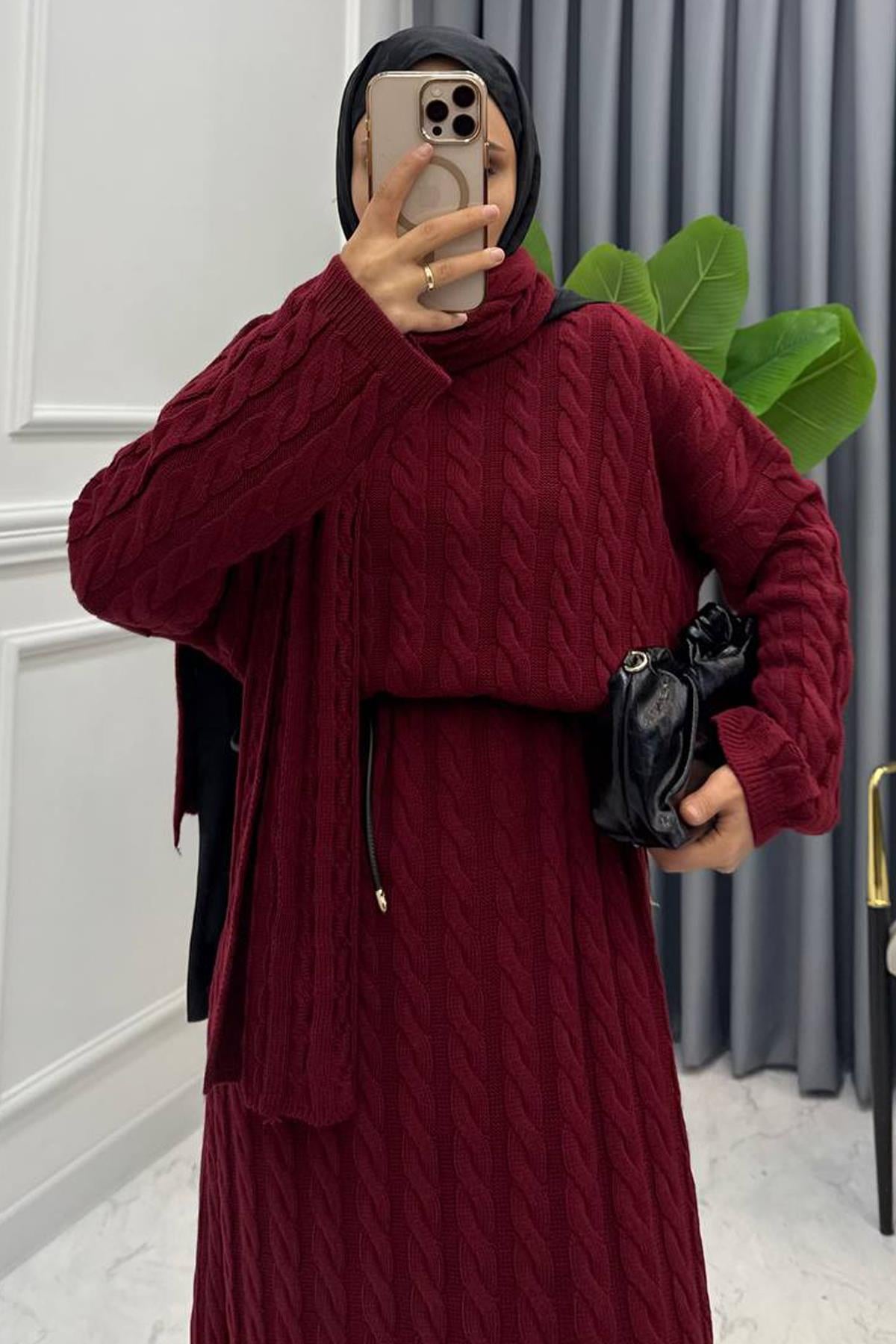 ATKI DETAY ÖRME TRİKO ELBİSE BORDO