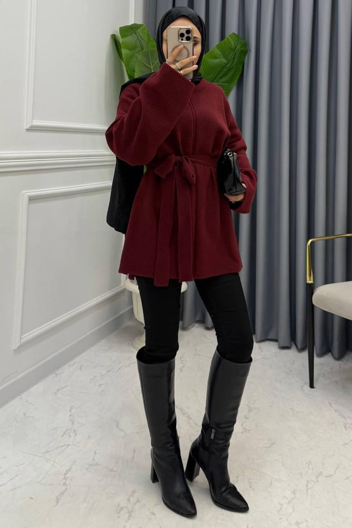 KUŞAKLI YUMOŞ KAZAK BORDO