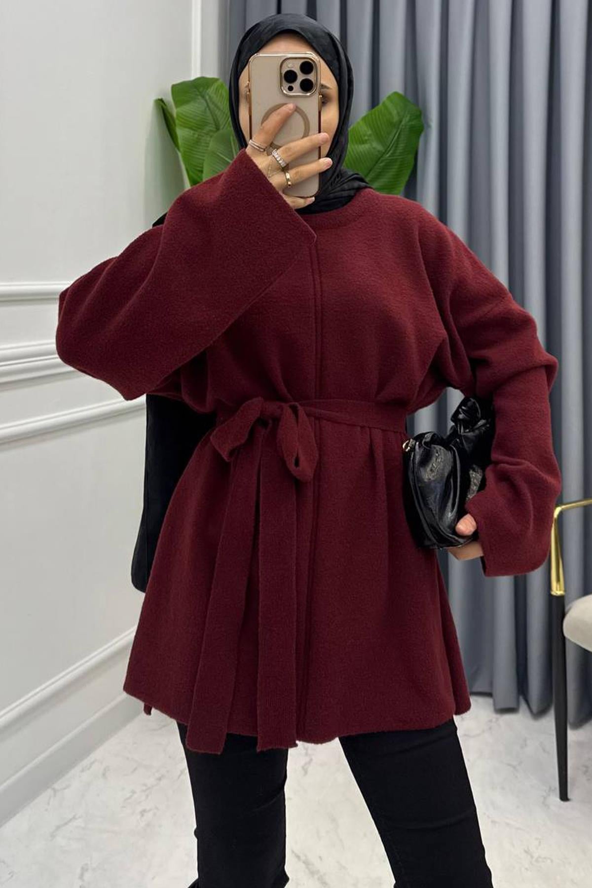 KUŞAKLI YUMOŞ KAZAK BORDO