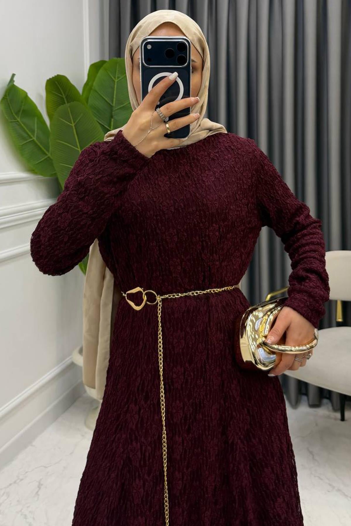 DANTEL ELBİSE BORDO