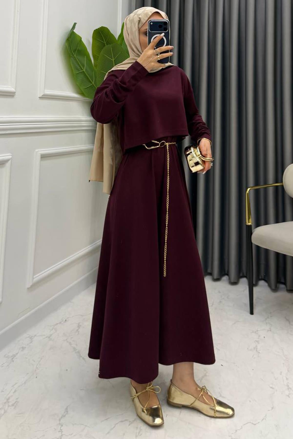 İKİLİ ELBİSE TAKIM BORDO