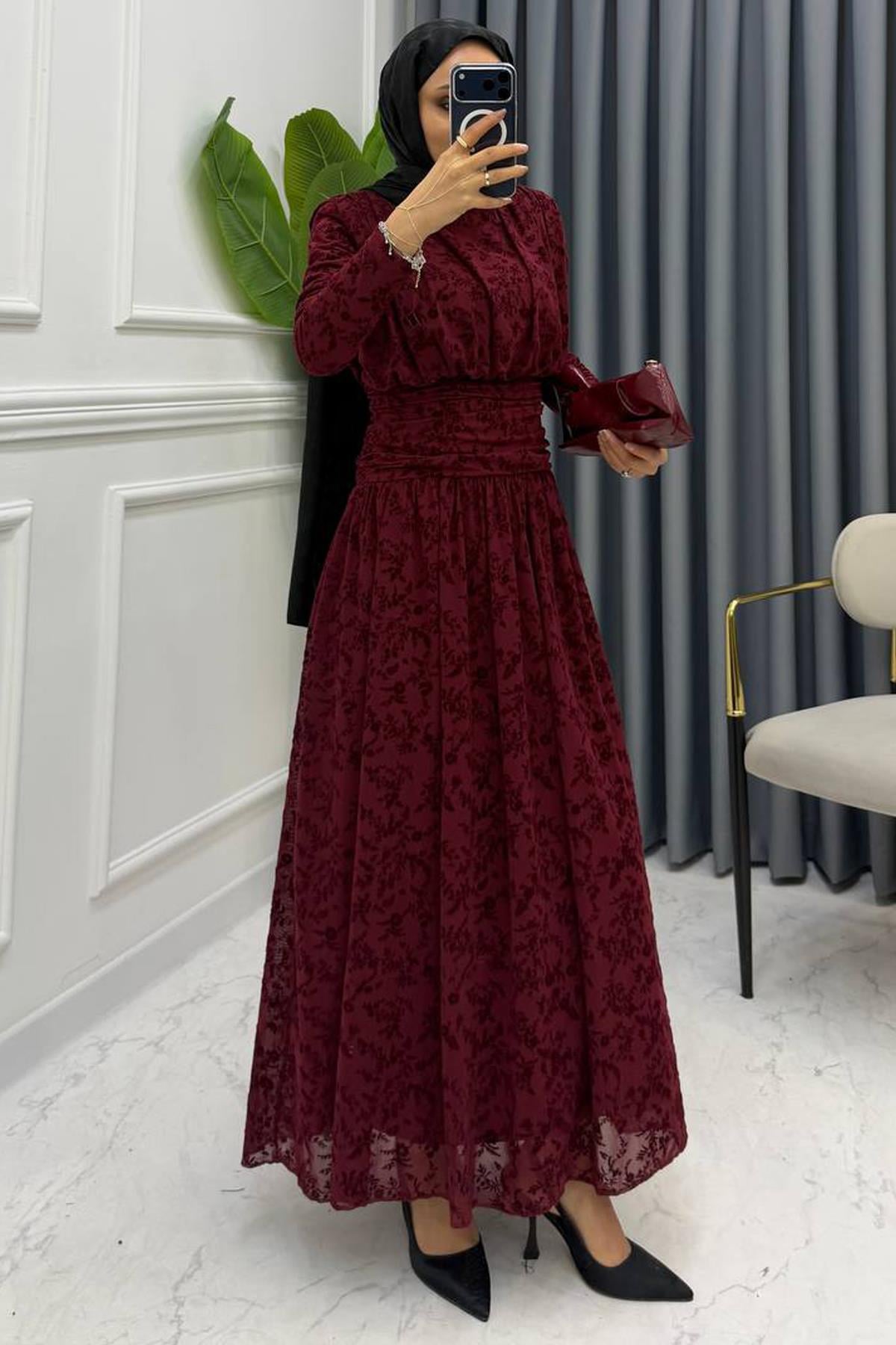BEL DETAY DANTEL ELBİSE BORDO