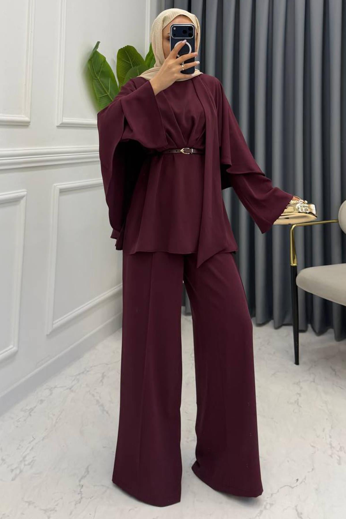 PELERİNLİ PANTOLONLU TAKIM BORDO