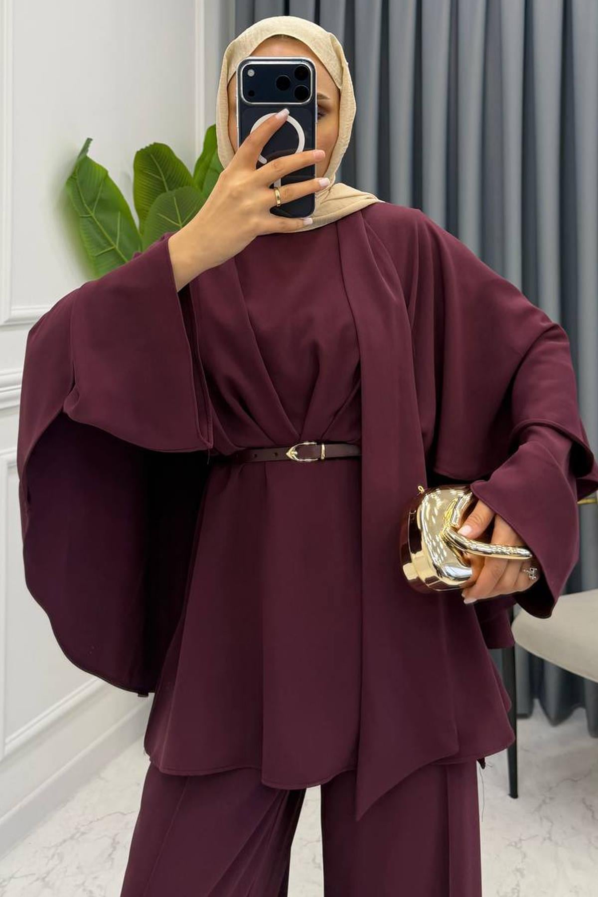 PELERİNLİ PANTOLONLU TAKIM BORDO