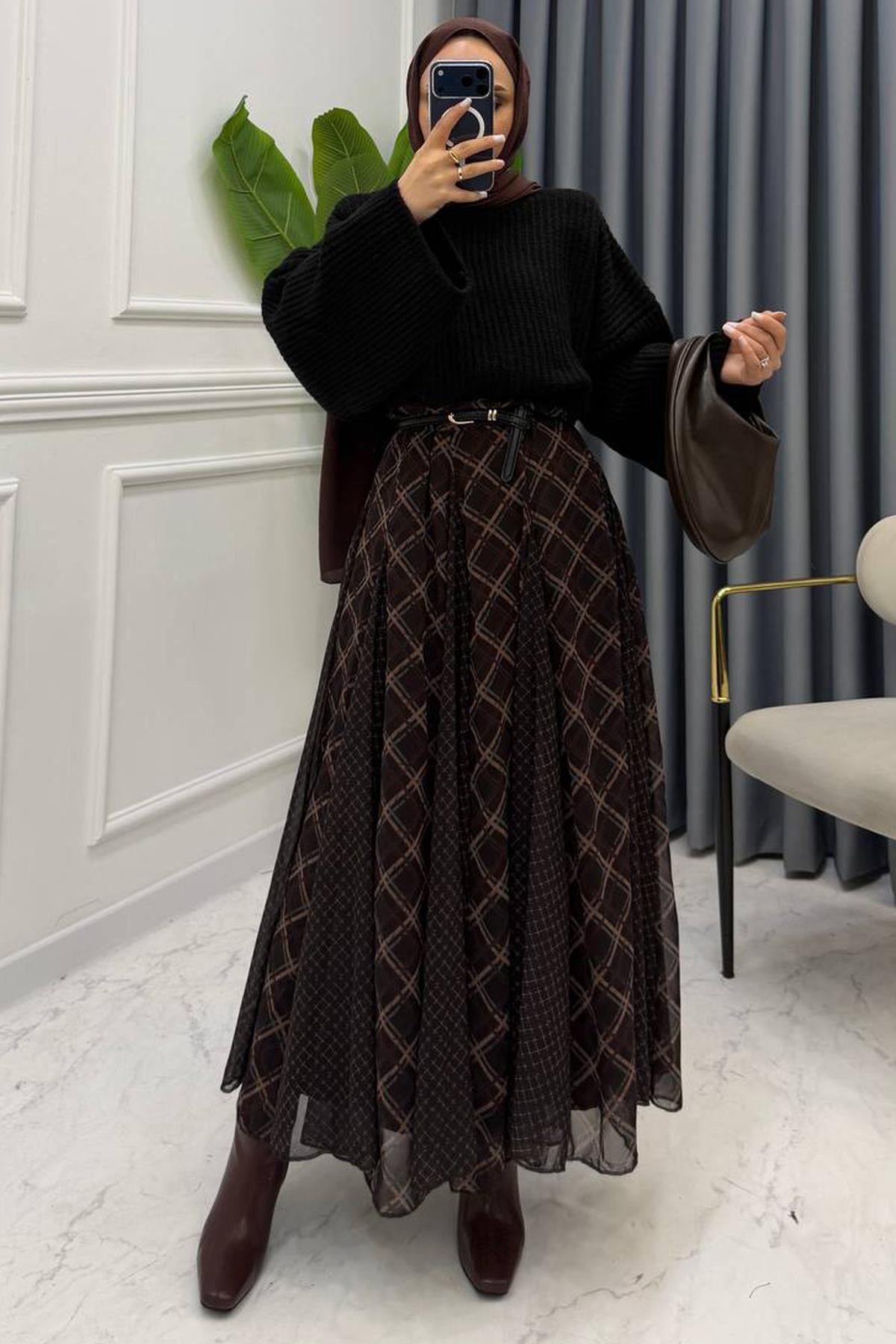 EKOSE ŞİFON ETEK KAHVE