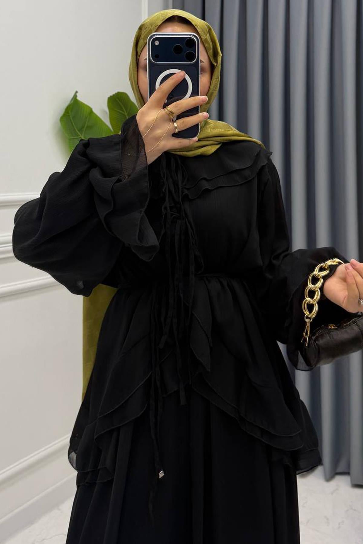 VOLANLI ŞİFON TAKIM SİYAH
