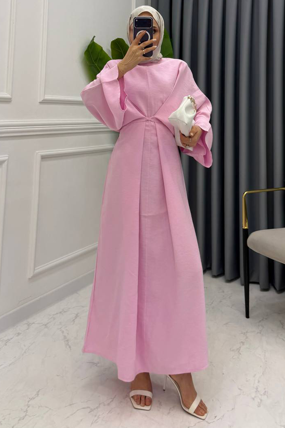SİYONA KETEN ELBİSE PEMBE