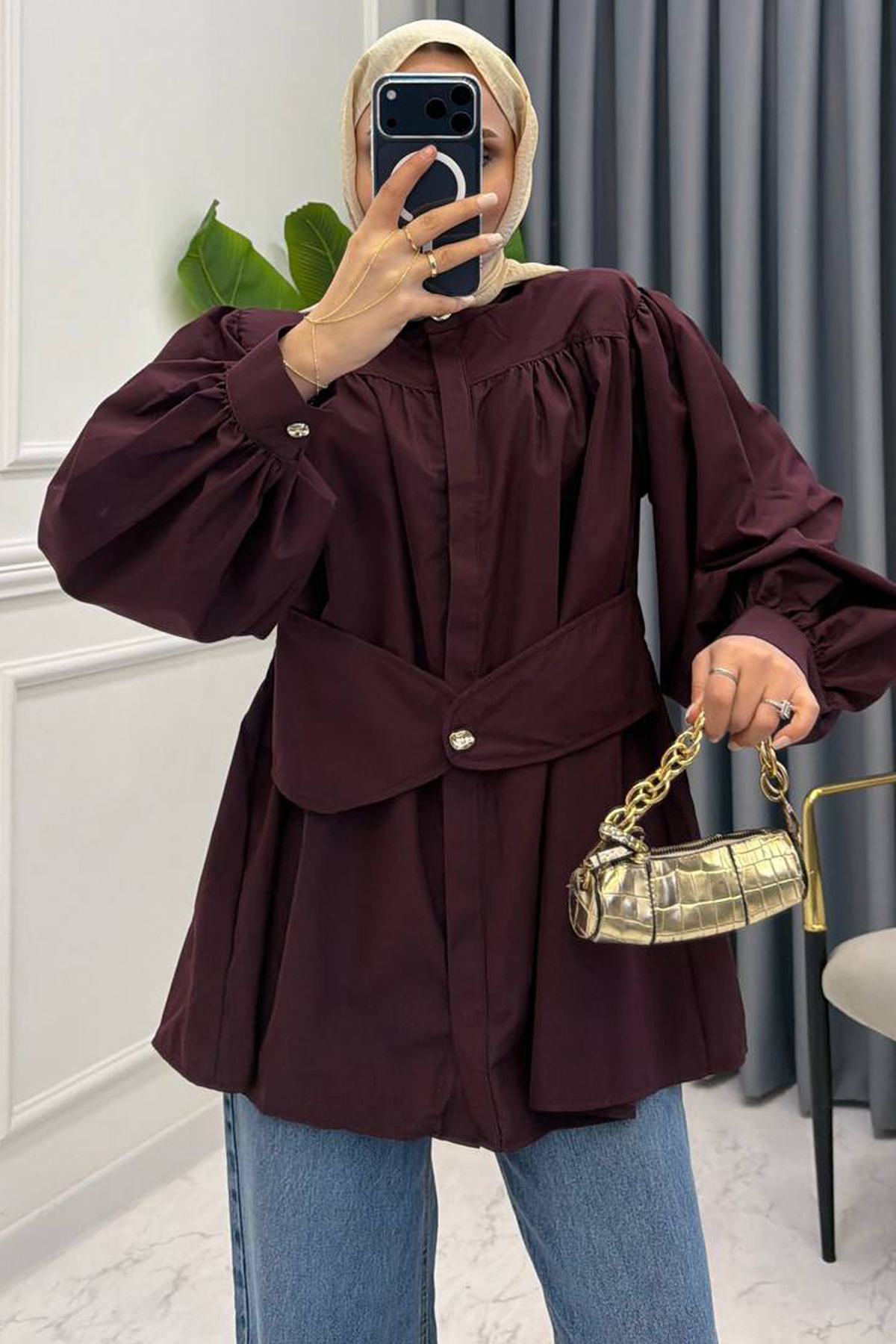 KEMER DETAY BELİ LASTİKLİ GÖMLEK MÜRDÜM