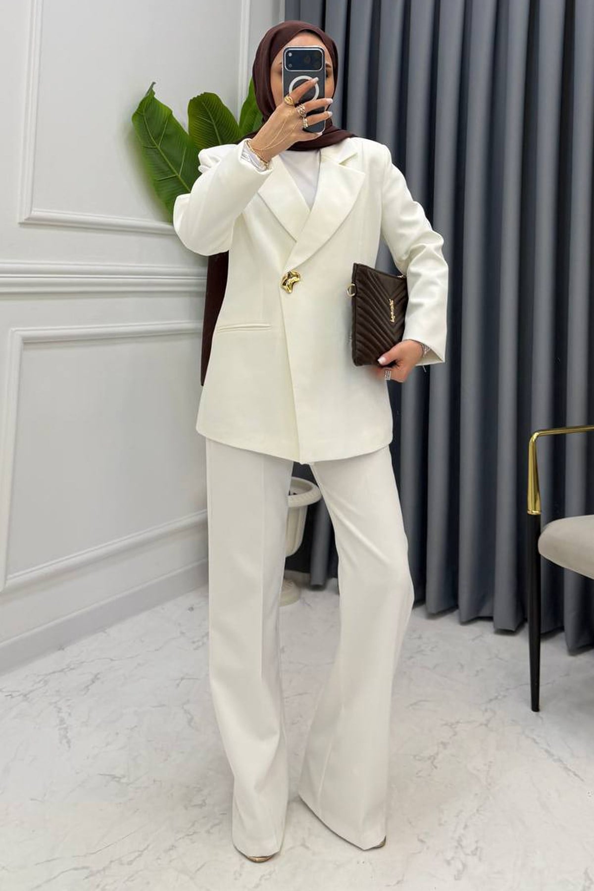 NOVA GOLD DÜĞMELİ BLAZER TAKIM BEYAZ