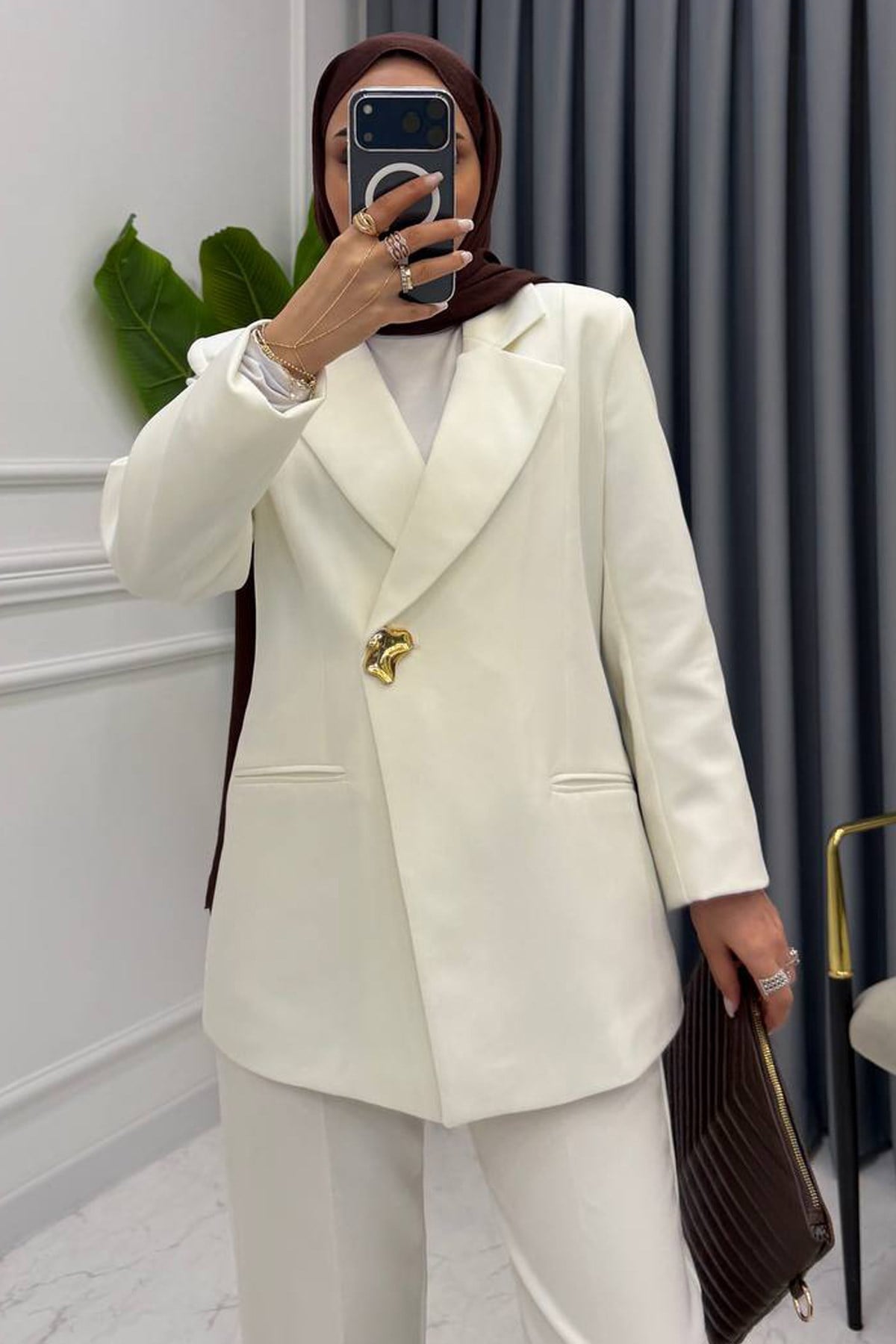 NOVA GOLD DÜĞMELİ BLAZER TAKIM BEYAZ