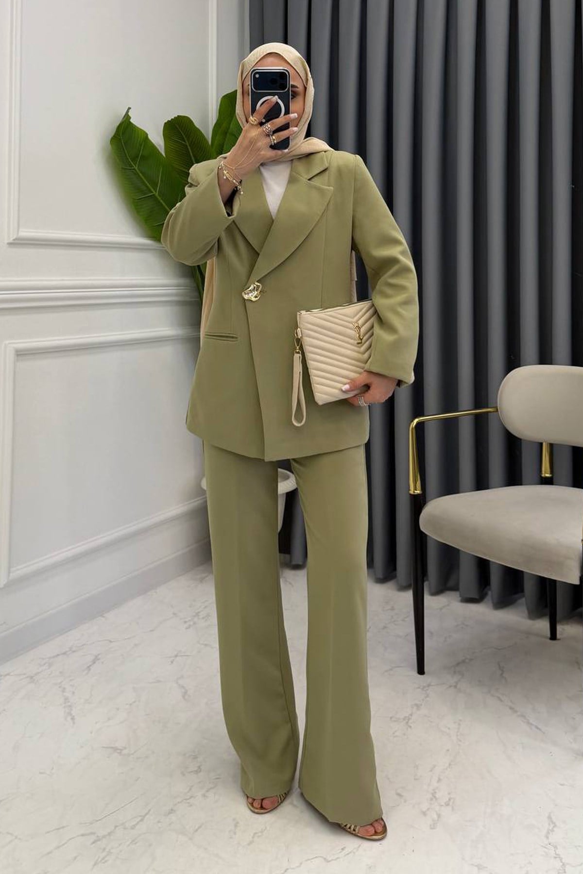 NOVA GOLD DÜĞMELİ BLAZER TAKIM MİNT 