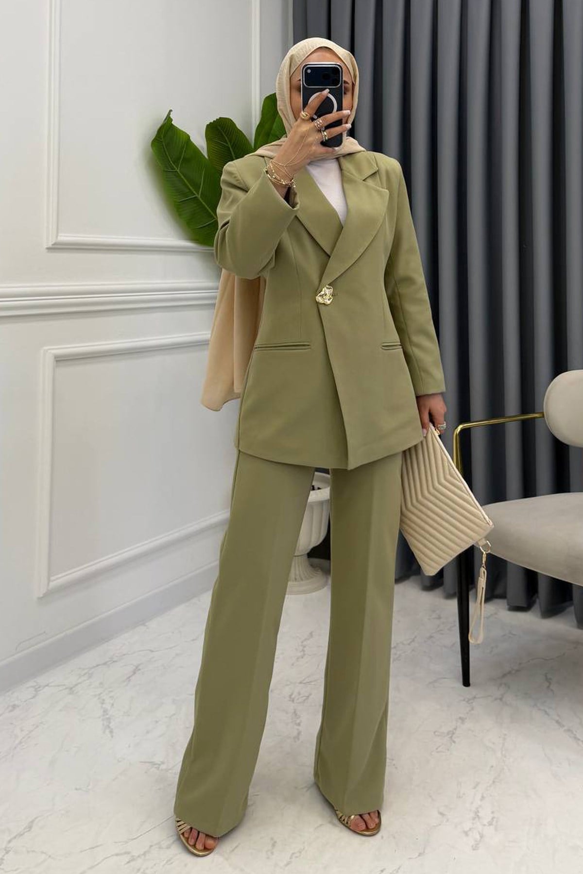 NOVA GOLD DÜĞMELİ BLAZER TAKIM MİNT 