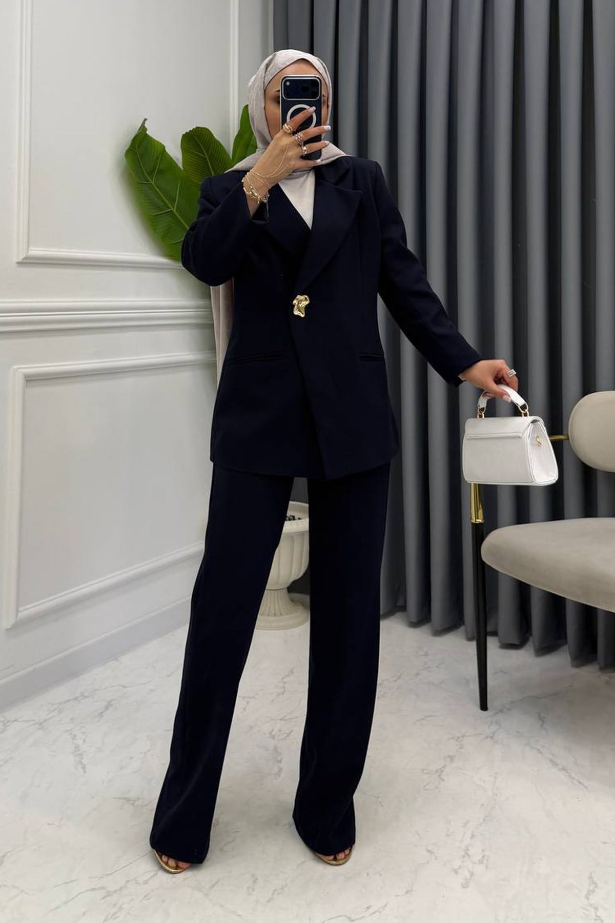 NOVA GOLD DÜĞMELİ BLAZER TAKIM LACİVERT