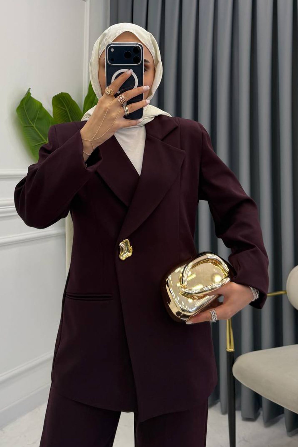NOVA GOLD DÜĞMELİ BLAZER TAKIM MÜRDÜM
