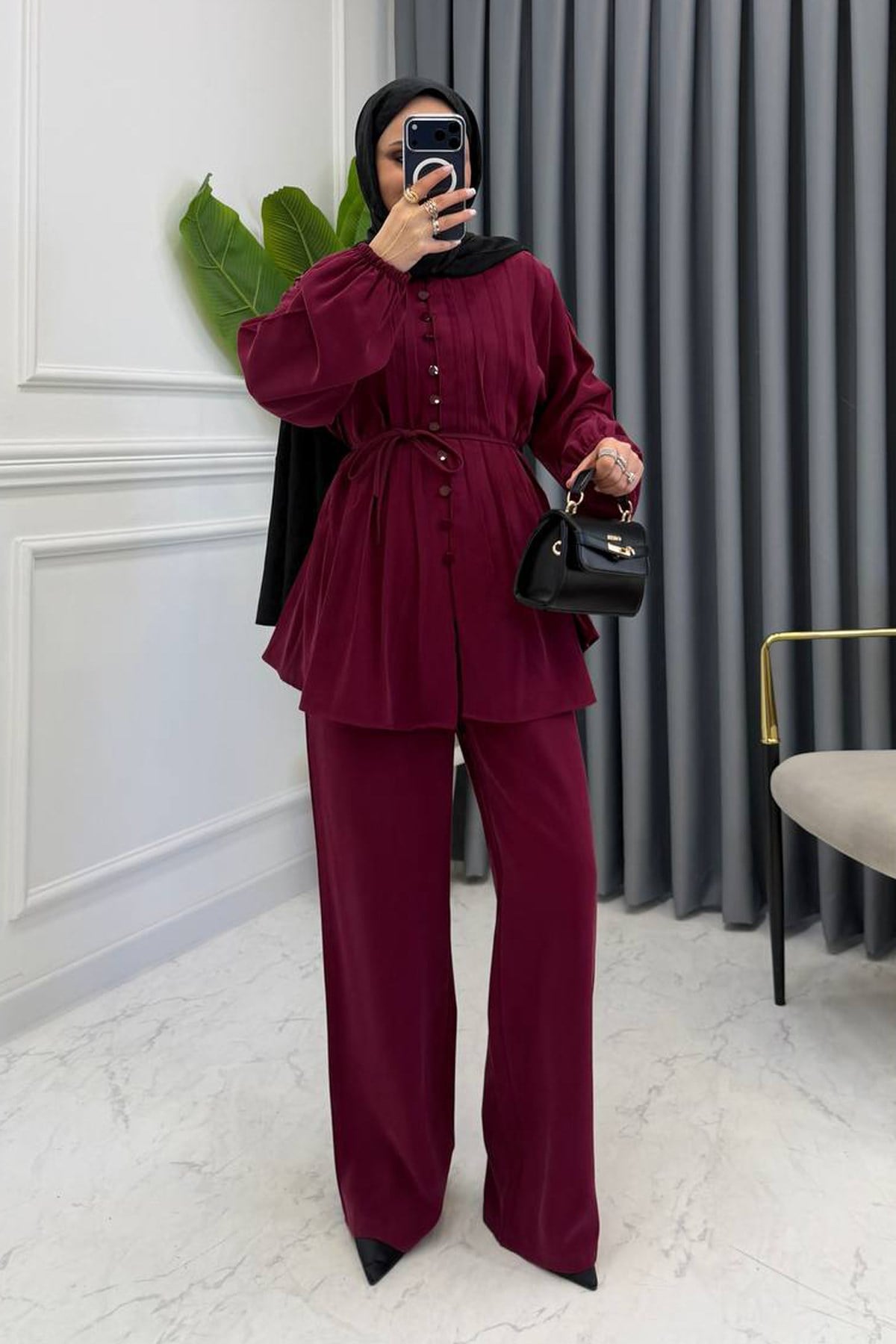 NORA ÖNDEN DÜĞMELİ PİLELİ TAKIM BORDO