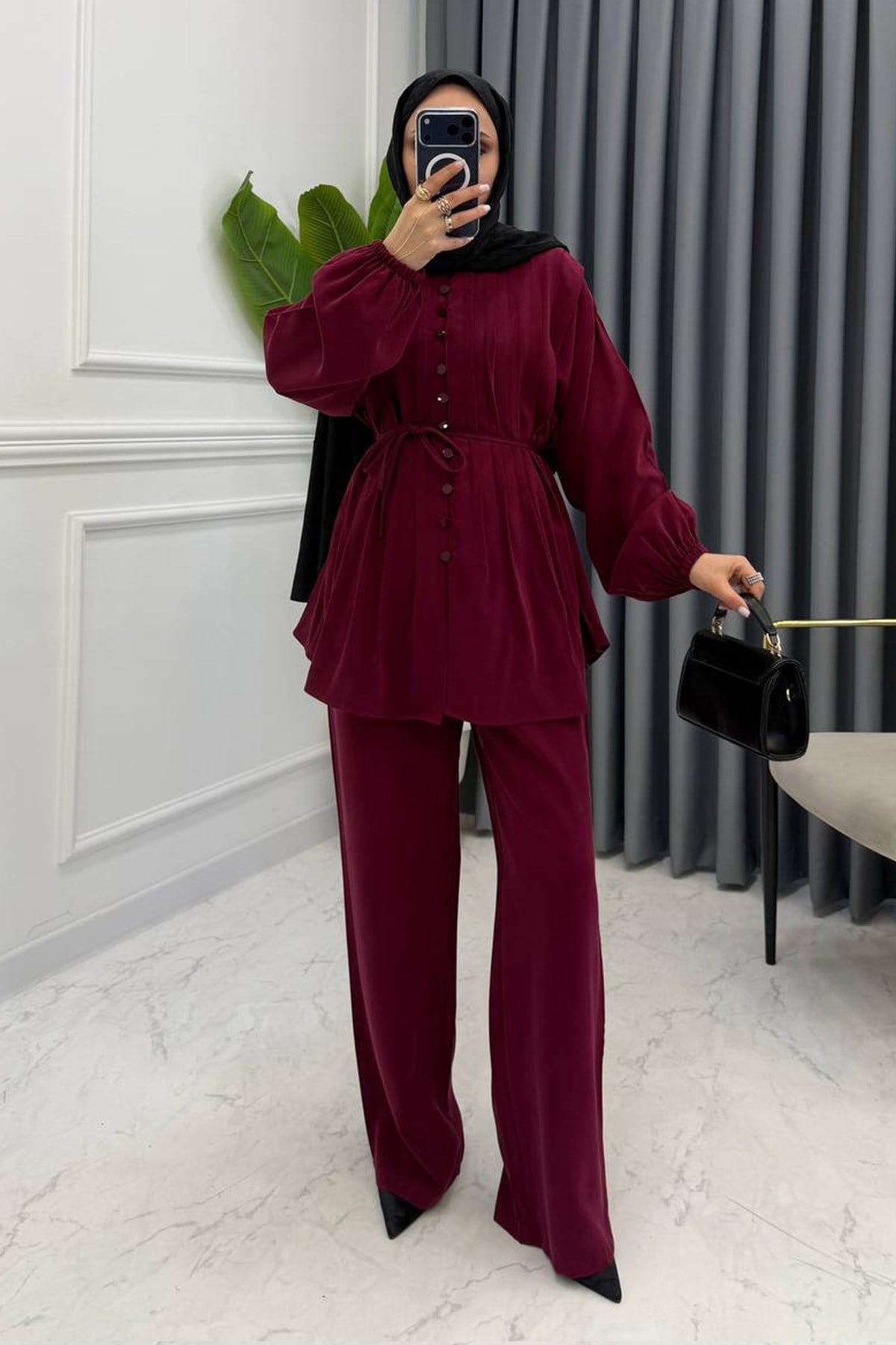 NORA ÖNDEN DÜĞMELİ PİLELİ TAKIM BORDO