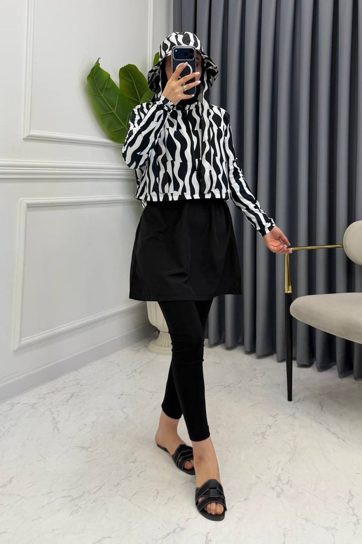 ZEBRA DESEN CROPLU MAYO TAKIM SİYAH