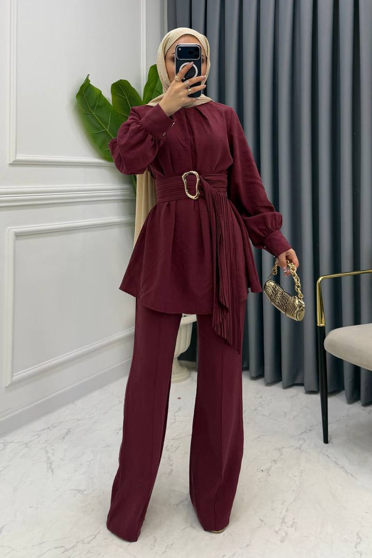 LİVA GOLD KEMERLİ TAKIM BORDO