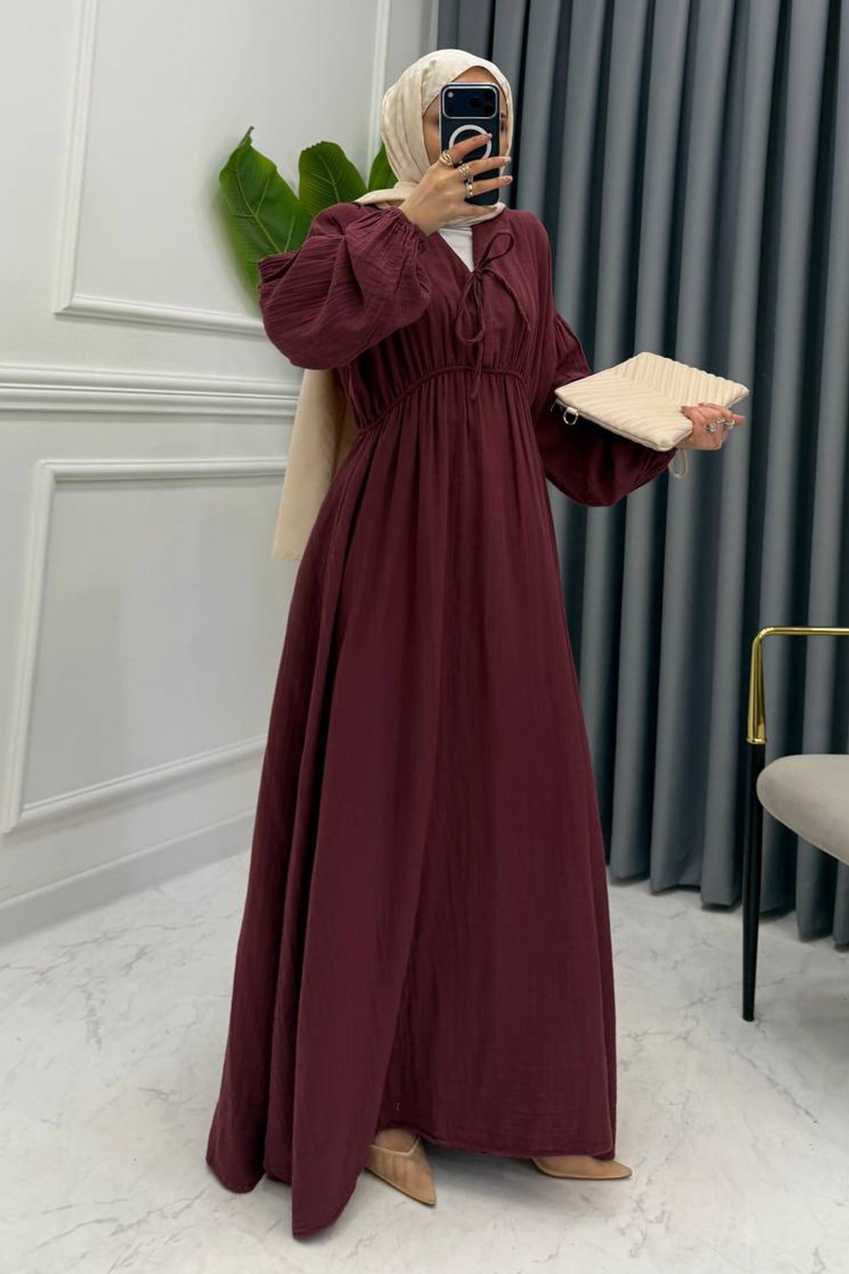 MİLAVA V YAKA ELBİSE BORDO