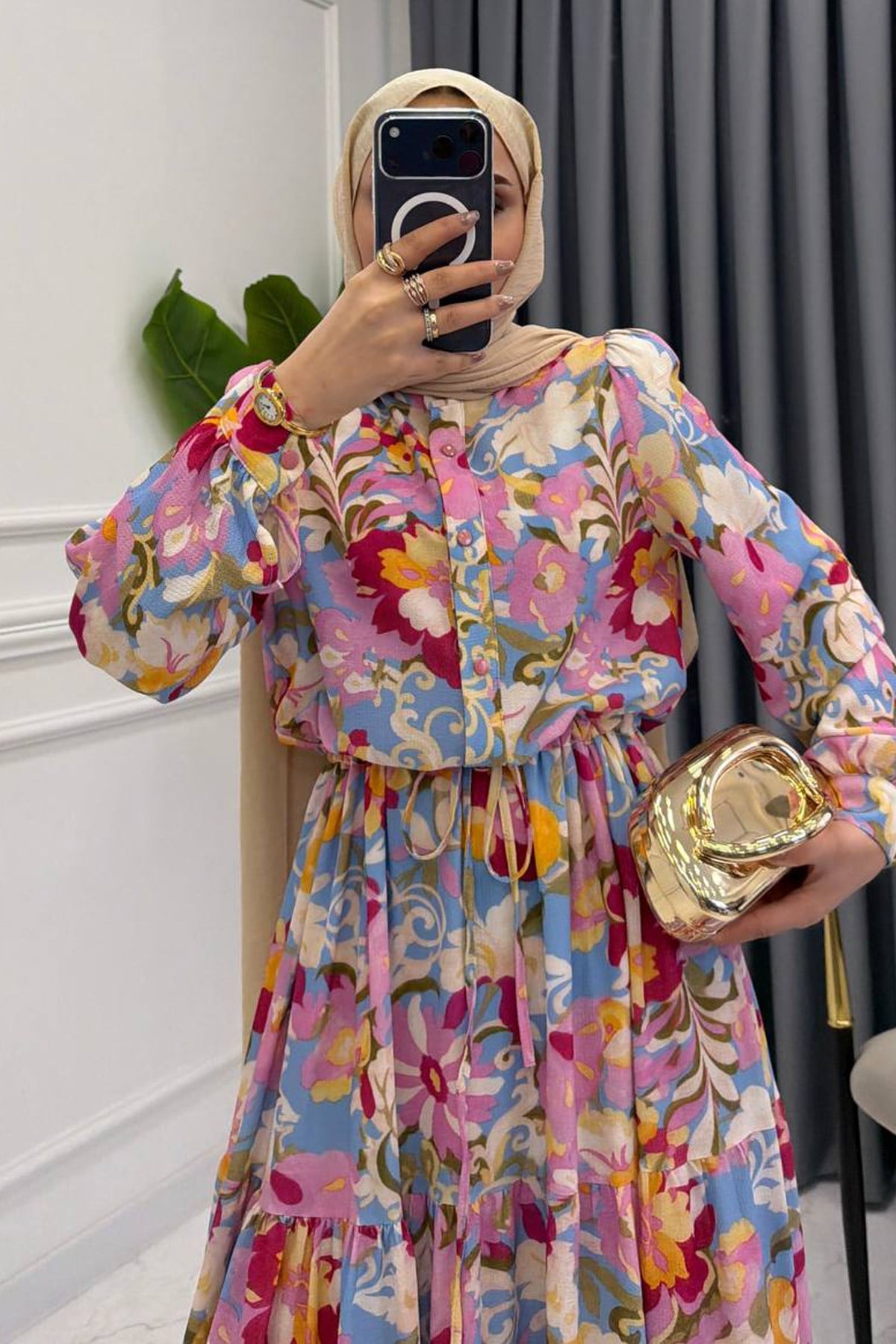 LARA ÇİÇEK DESEN ELBİSE PEMBE 