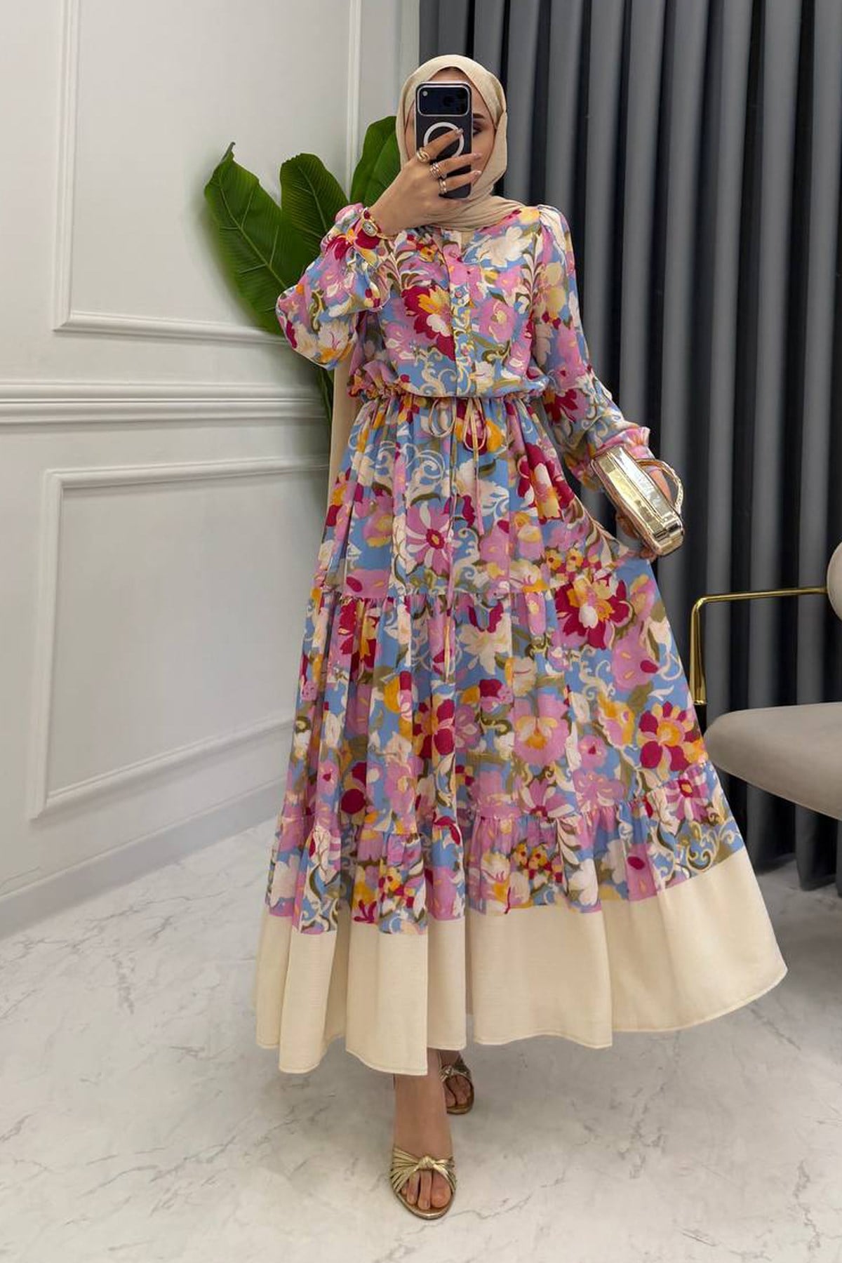 LARA ÇİÇEK DESEN ELBİSE PEMBE 