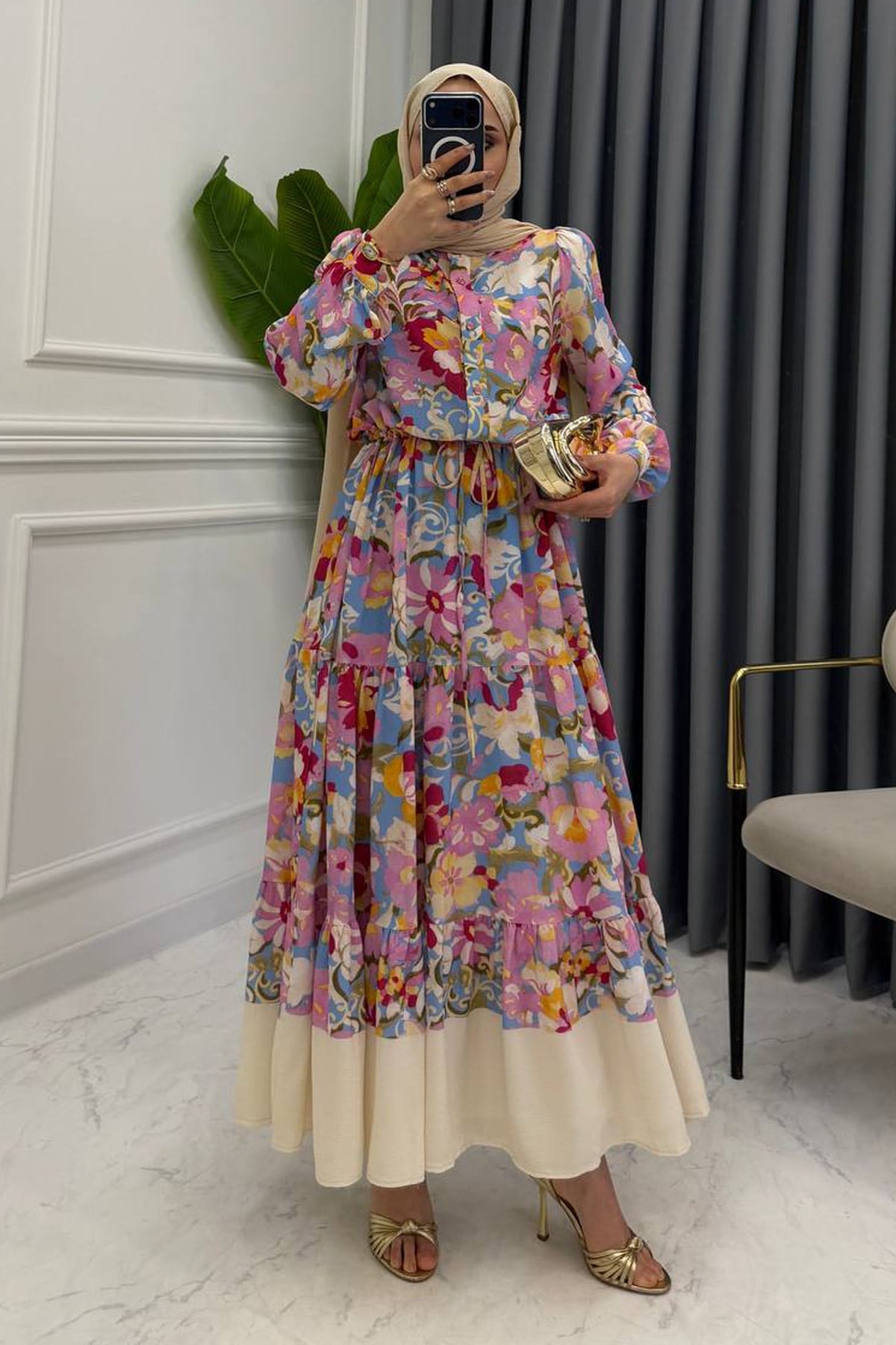 LARA ÇİÇEK DESEN ELBİSE PEMBE 