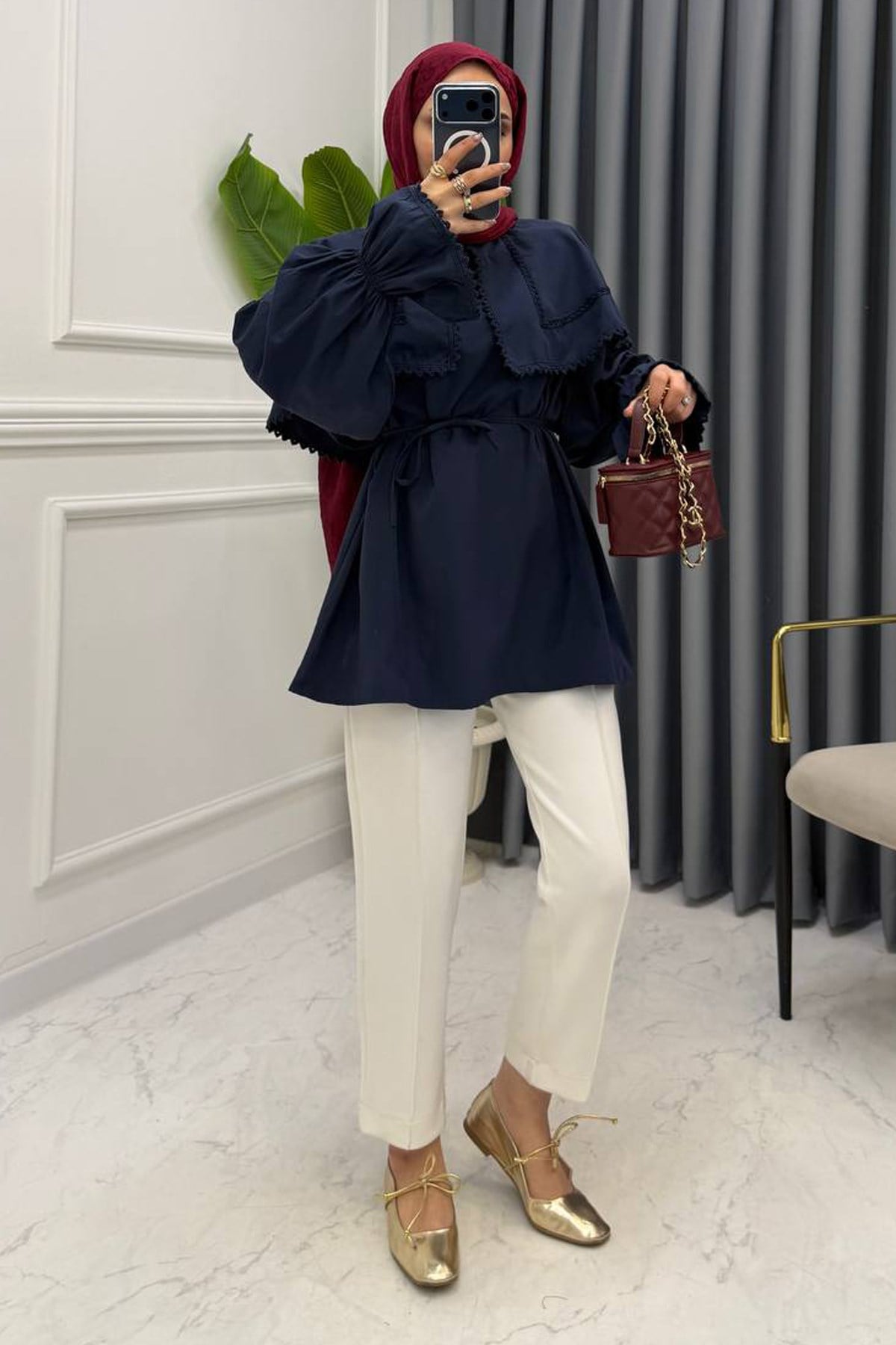 BEBE YAKA DANTELLİ GÖMLEK LACİVERT