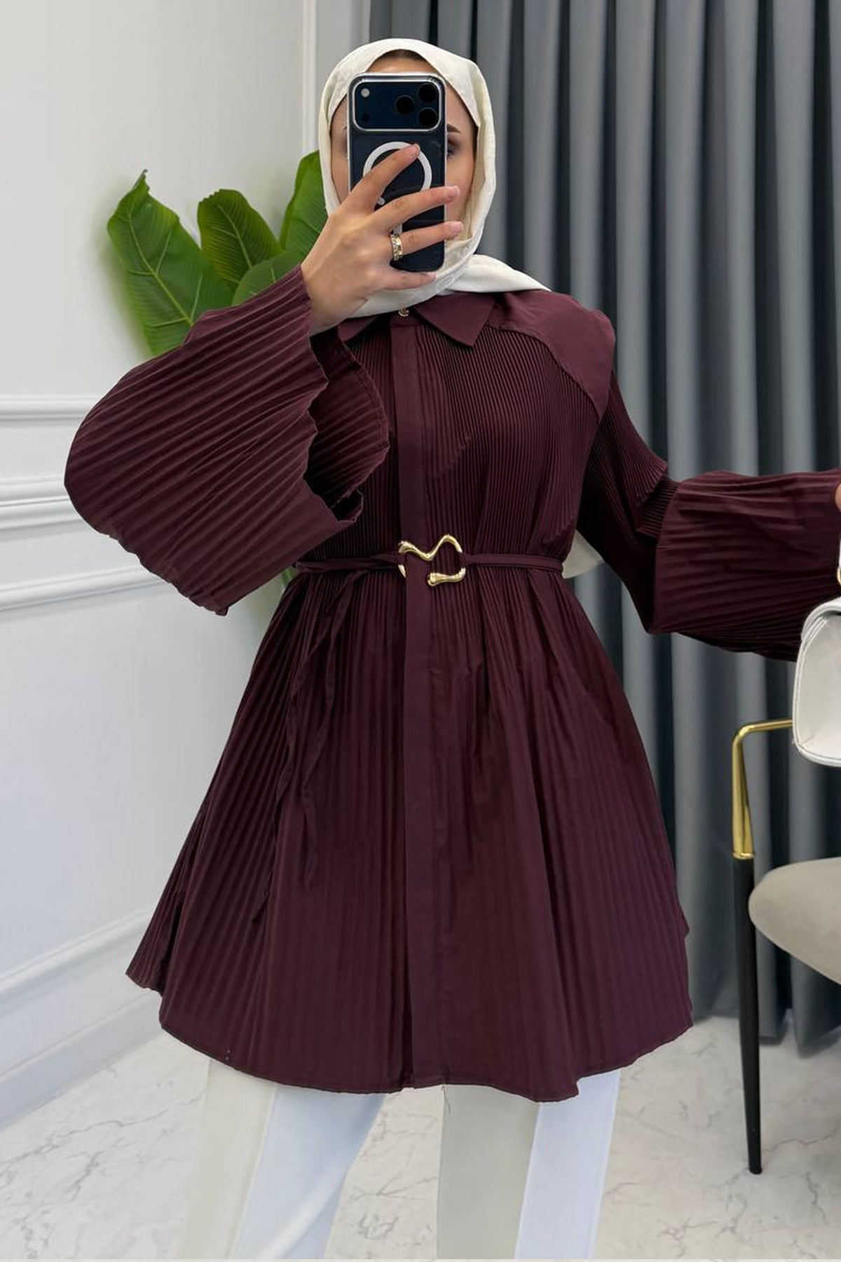 HELA PİLELİ GÖMLEK BORDO