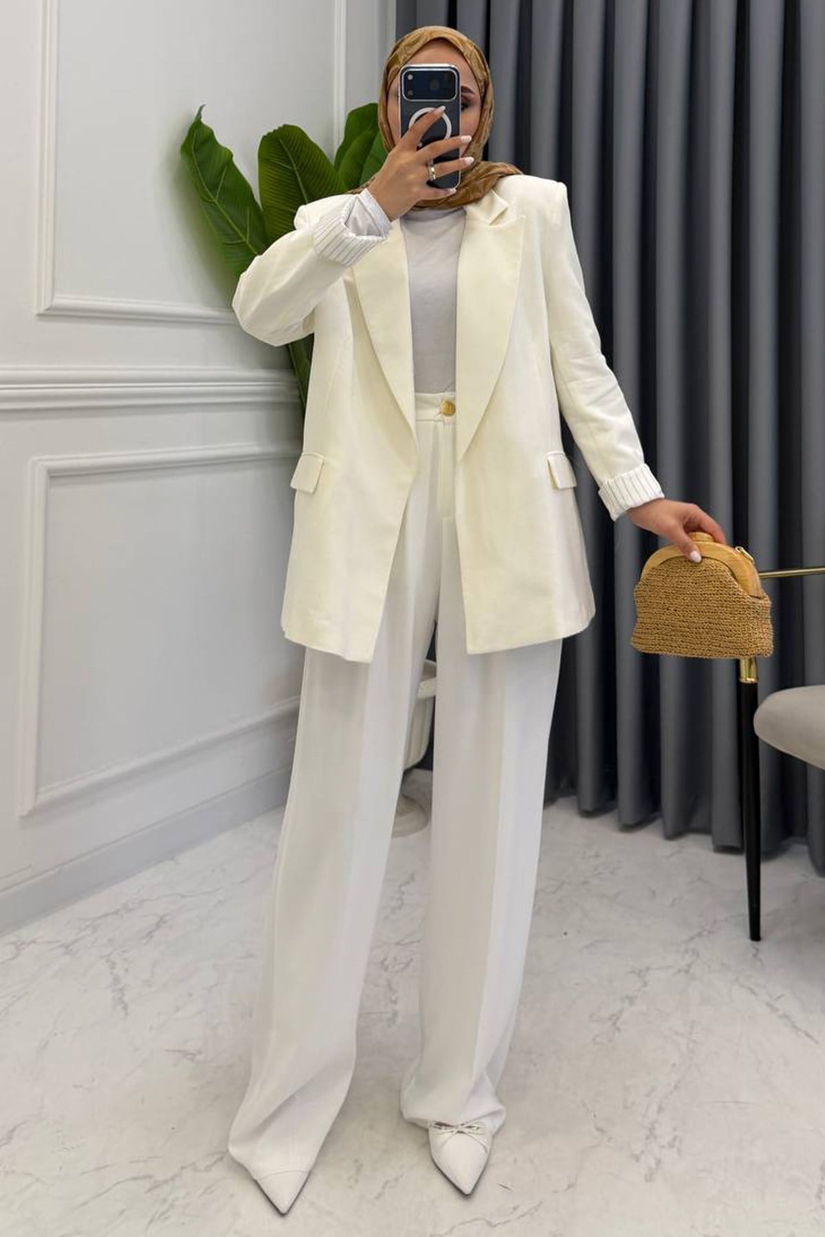 KETEN BLAZER CEKET BEYAZ