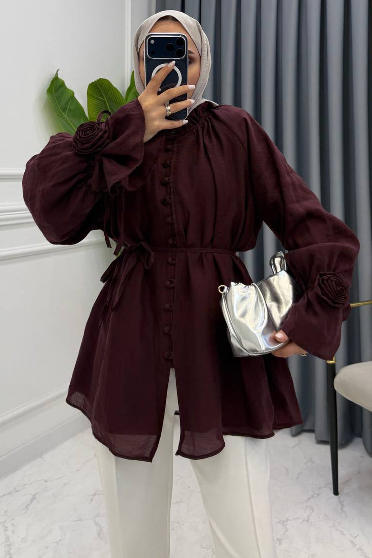 LACY GÜL DETAY GÖMLEK BORDO