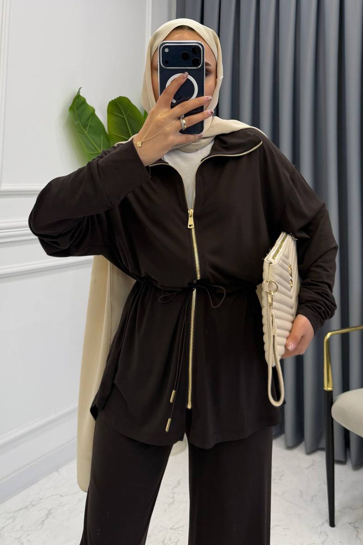 LARVEN BELİ LASTİKLİ TAKIM KAHVE