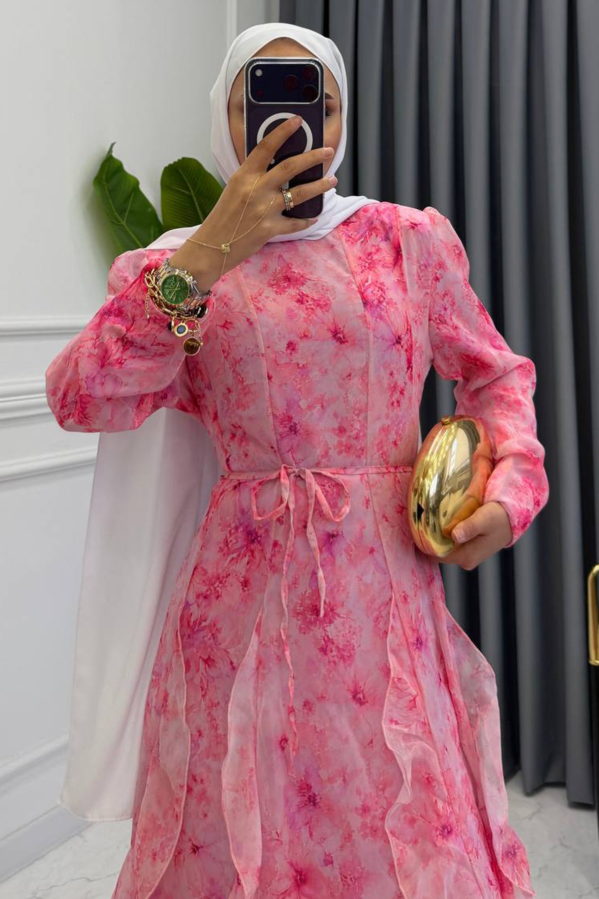 FIRFIRLI DESENLİ ELBİSE PEMBE